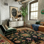 This image showcases a beautifully styled living room featuring a Floral Heritage Wool Hand Knotted Area Rug. The square rug, perfect for living and dining rooms, displays intricate floral patterns reminiscent of Persian rugs. Its rich wool texture adds warmth and elegance, making it an ideal dining table rug.