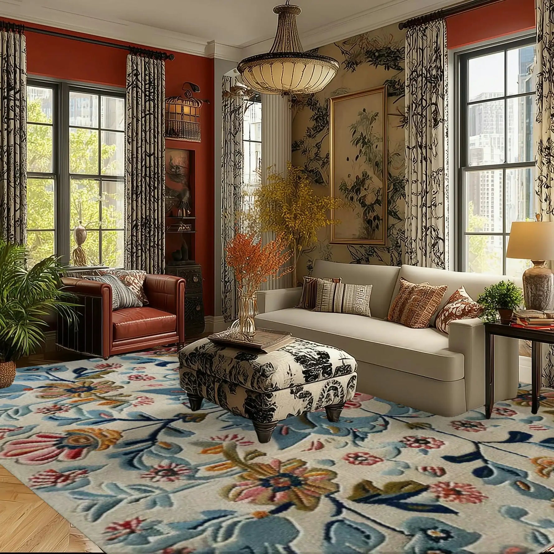 A beautifully designed Floral Melody Hand Tufted Wool Rug is prominently featured in a stylish living room setting. This large area rug showcases an intricate floral pattern in vibrant colors, perfectly complementing the elegant décor. Ideal for those seeking square area rugs to enhance their living room or office space, this wool rug adds a touch of sophistication and warmth.