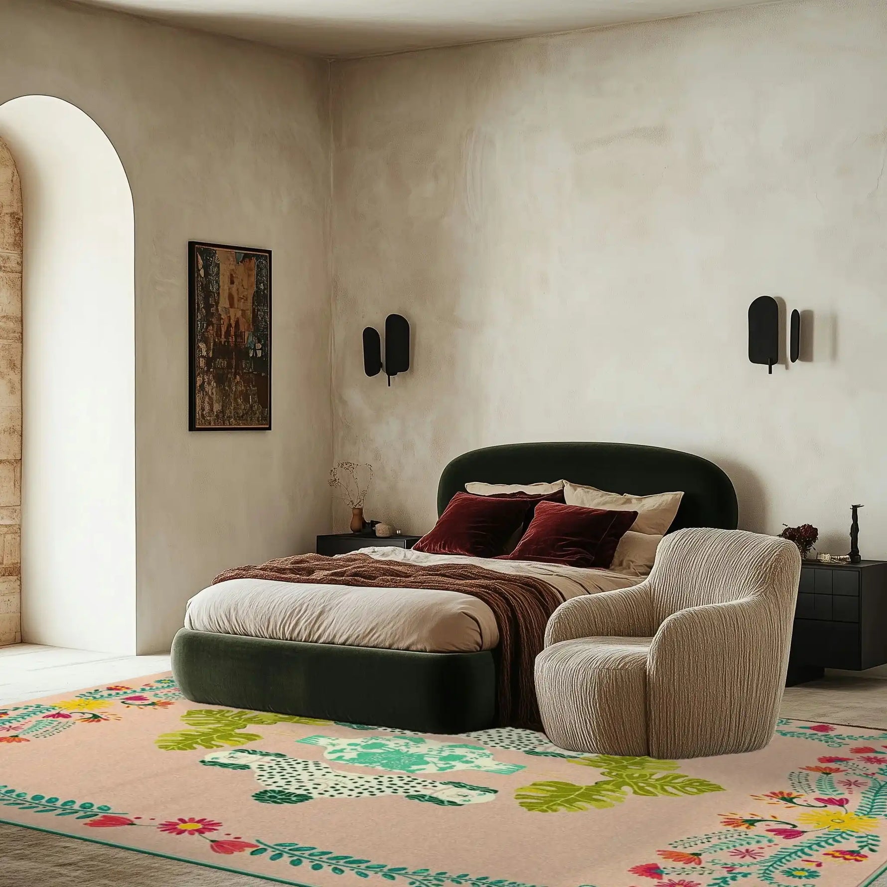 A beautifully styled bedroom featuring a Floral Monstera Staffordshire Pastel Hand Tufted Area Rug. This boho rug with vibrant floral patterns adds a touch of elegance, perfectly complementing the modern decor. Ideal for both living room rugs 8x10 and bedroom area rugs, this wool rug enhances the cozy, stylish ambiance.