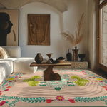 A boho-style Floral Monstera Staffordshire Pastel Hand Tufted Rug elegantly enhances a cozy living room. This 8x10 wool area rug showcases vibrant floral patterns, seamlessly blending with the modern decor. Ideal for bedrooms or living rooms, this rug adds a touch of warmth and style to any space.