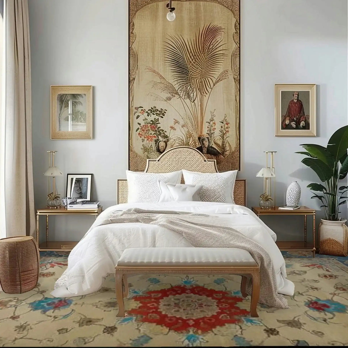 Decorative bedroom with floral rug,  tapestry, bedside tables, and a bench.