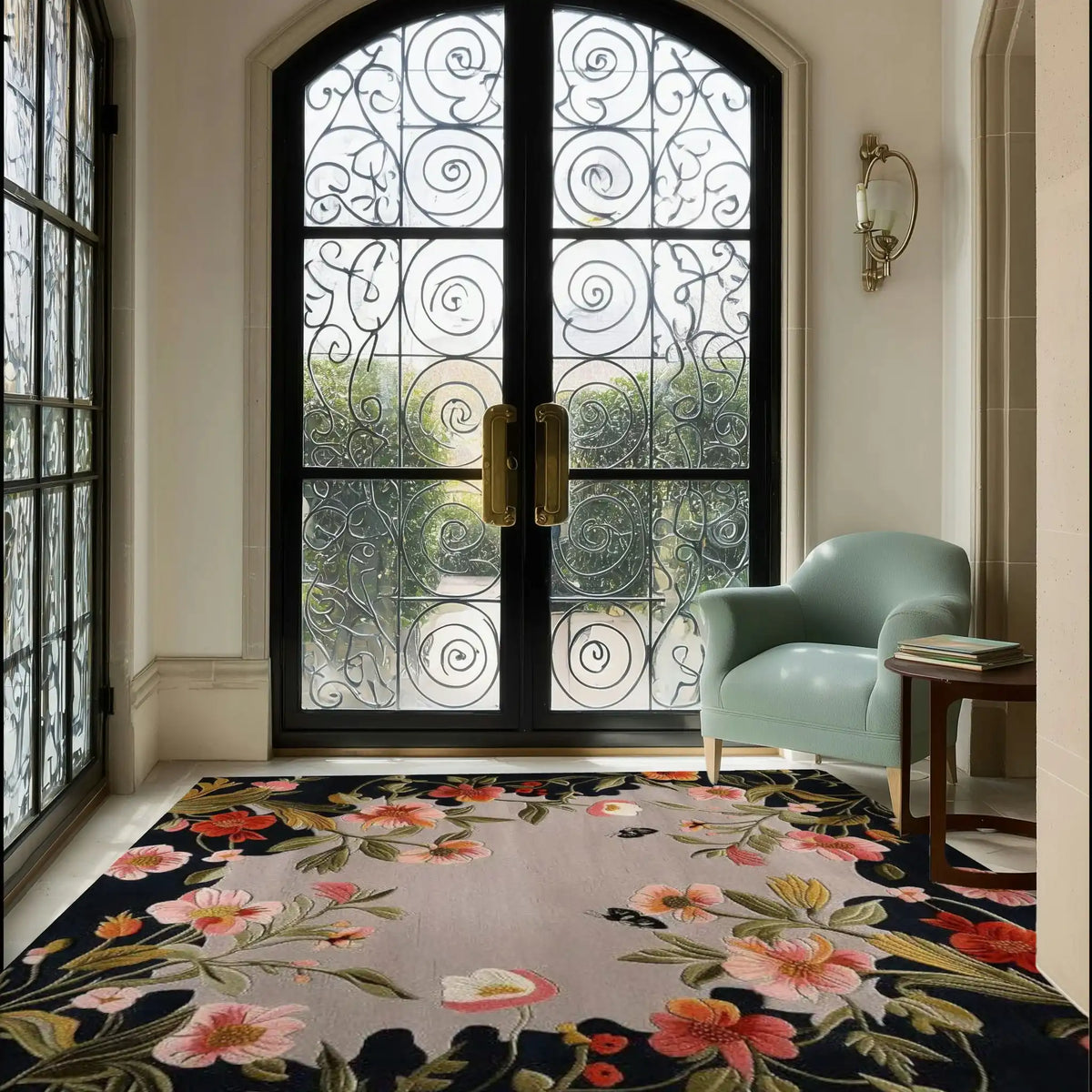 A stunning Garden Bouquet Hand Tufted Wool Rug adding elegance to a living room. This large area rug, perfect for an 8x10 space, features vibrant floral patterns, making it an ideal square area rug for any living room. The intricate design and quality wool material highlight the beauty of floral rugs.