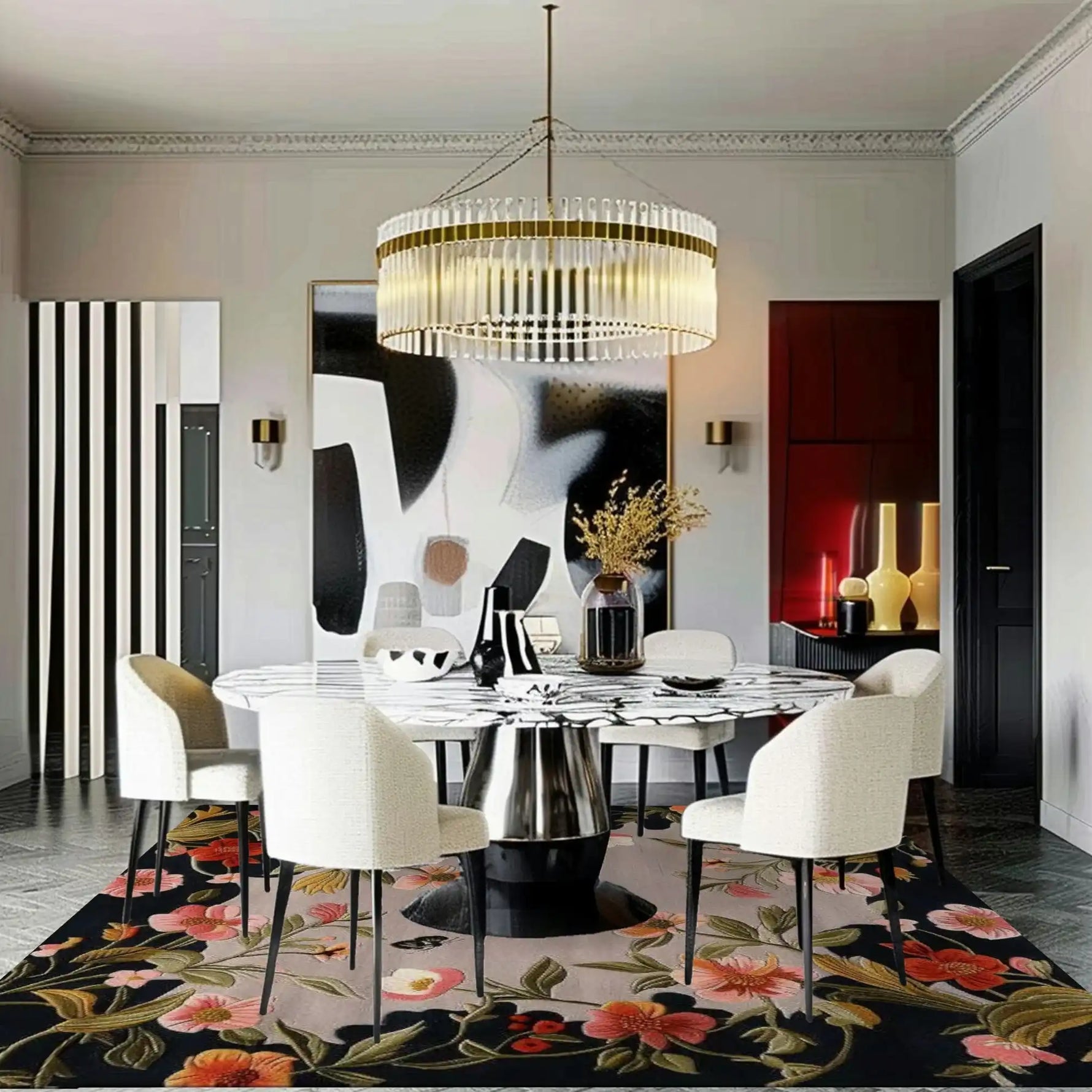 A beautifully styled living room featuring a Garden Bouquet Hand Tufted Wool Rug. This large area rug showcases vibrant floral designs, adding elegance to the room. The square area rug complements the modern decor with a chic dining table and chairs, perfect for a stylish living space. Ideal for those seeking floral rugs and wool rugs in an 8x10 size.