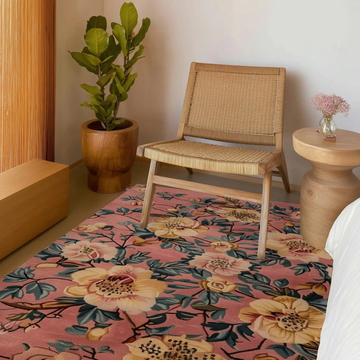 A beautifully crafted Garden Dreams Hand Tufted Area Rug with a vintage floral design, perfect for adding charm to your dining room or living room. This wool rug features vibrant blooms against a soft pink backdrop, enhancing the cozy ambiance of any space.