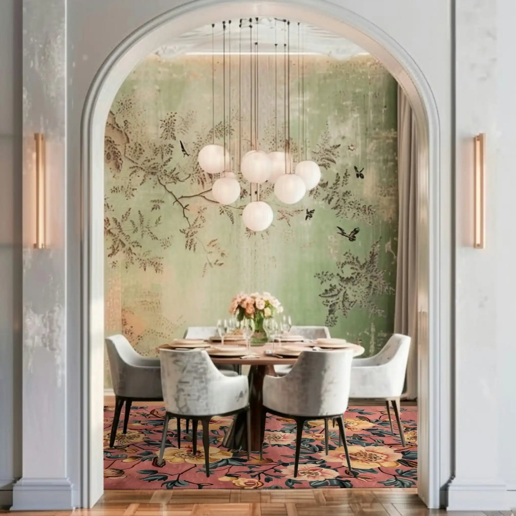 Elegant dining room featuring a vintage-inspired floral area rug beneath a round dining table with plush chairs. The wool rug, with its vibrant floral patterns, adds a touch of warmth and style, making it perfect for both dining room and living room spaces.