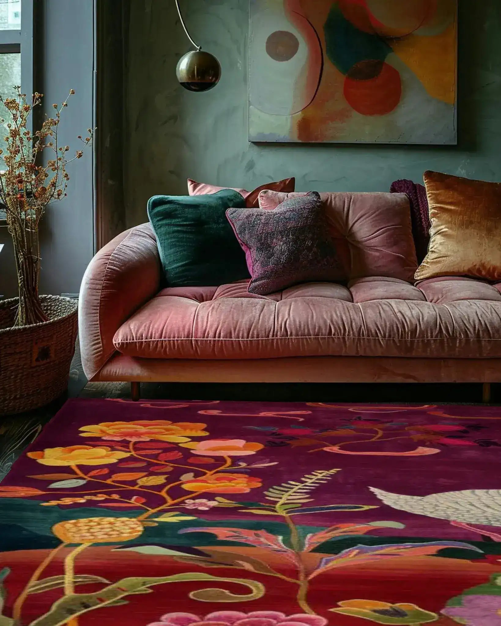 A stunning wool area rug with vibrant floral patterns in rich shades of red, yellow, and pink, beautifully complementing a cozy living room setting. The plush rug is perfectly situated in front of a stylish pink sofa adorned with colorful cushions, creating a warm and inviting atmosphere suitable for both bedroom and living room decor.