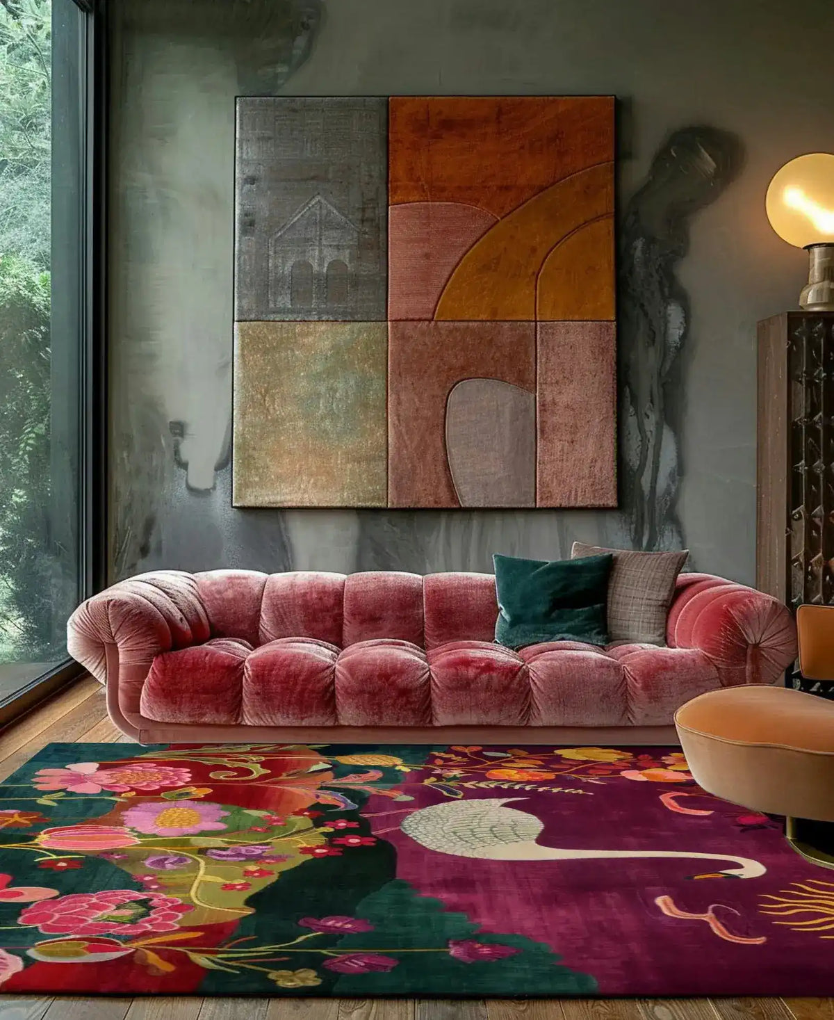 Elegant living room featuring a vibrant wool area rug with a colorful abstract design, perfect for enhancing bedroom or living room decor. The rug adds a pop of color beneath a plush pink sofa and modern art piece, creating a cozy and stylish atmosphere.
