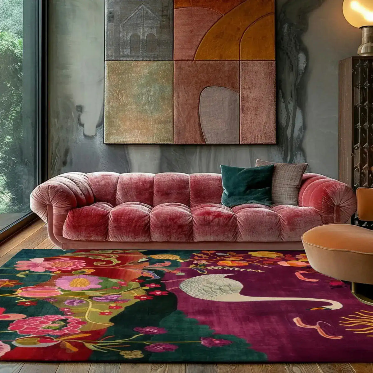 Luxurious wool hand-knotted area rug with vibrant floral and abstract patterns, perfect for adding elegance to a bedroom or living room setting. The colorful design complements the plush pink sofa, creating a serene and stylish atmosphere.