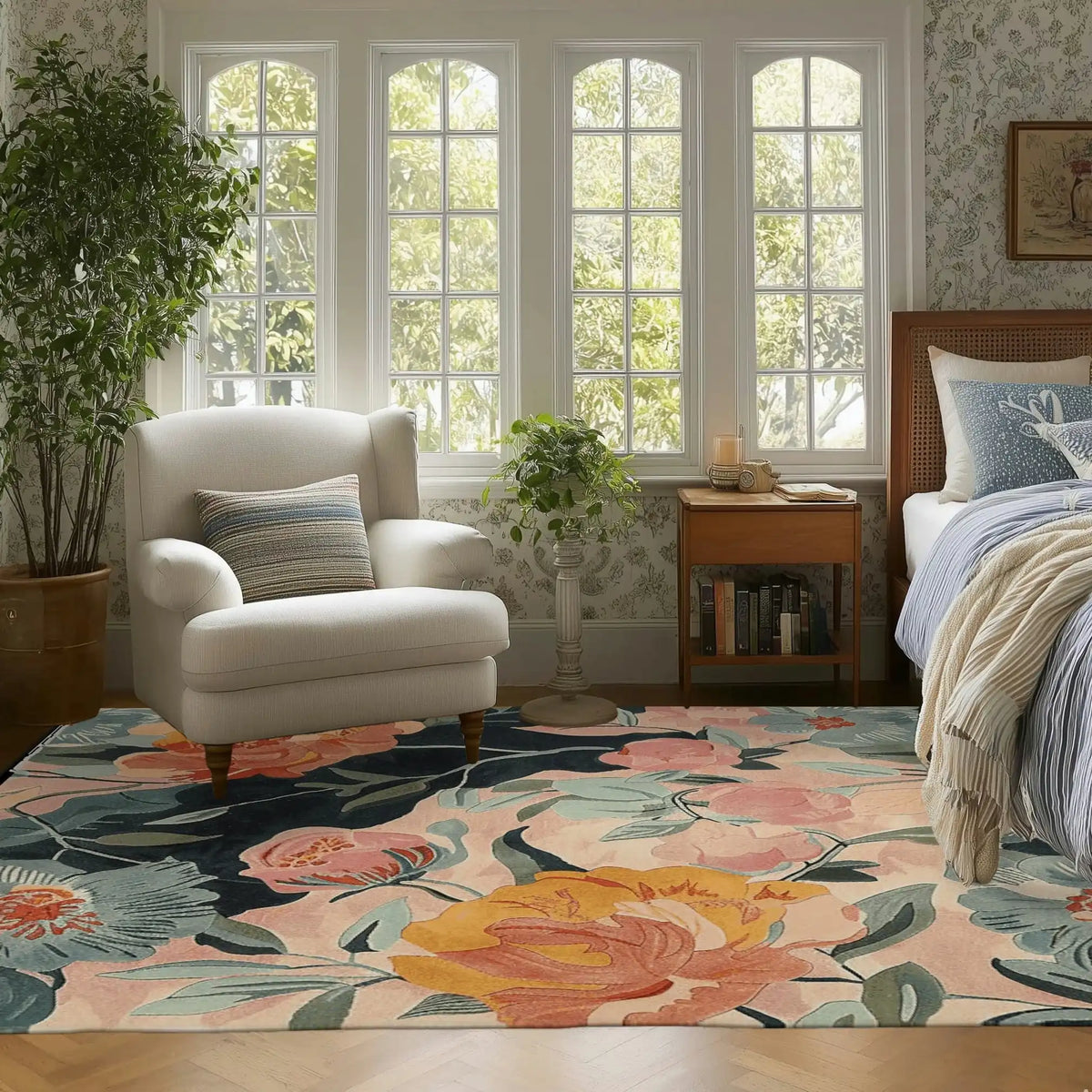 A cozy living room featuring a Garden Whimsy Hand Tufted Area Rug. This wool rug showcases a vibrant floral pattern in shades of pink, blue, and yellow, perfect for adding a touch of whimsy to any space. Ideal for living room rugs 8x10, the rug complements the elegant white armchair and warm wooden furniture, creating an inviting atmosphere.