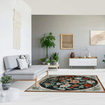 A stylish living room featuring the Garden Whispers Hand Tufted Area Rug with a vibrant floral design. This wool square rug adds a touch of elegance to the space, ideal for both formal dining rooms and cozy living rooms. The rug's intricate floral patterns bring life and color, making it a perfect choice for those seeking rugs for living room or dining room aesthetics.
