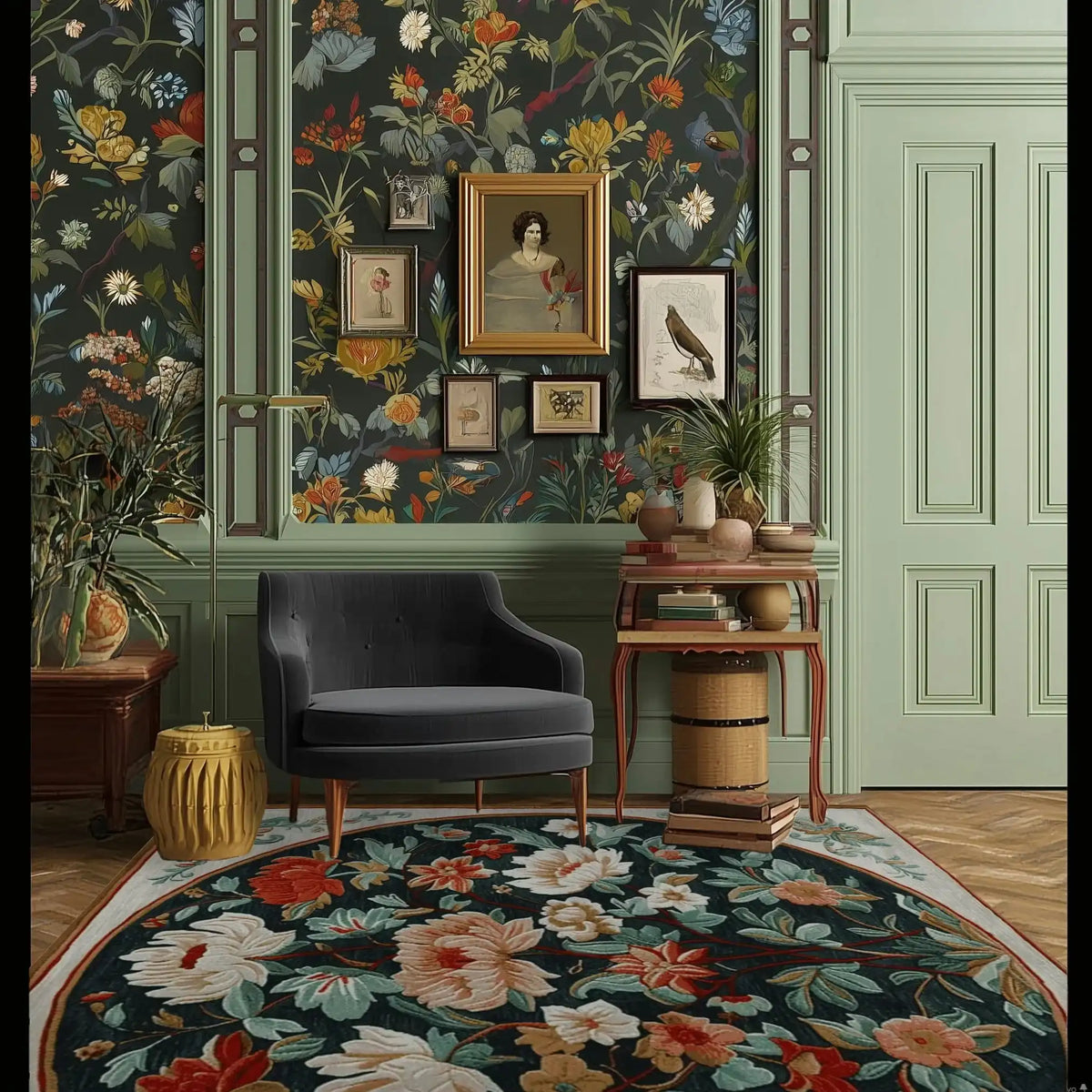 The Garden Whispers Hand Tufted Rug adds a touch of elegance to a formal dining room, featuring a vibrant floral design in rich colors. This wool rug serves as a stunning square area rug, perfect for dining rooms or living rooms. Set against a backdrop of a tastefully decorated wall with vintage paintings and a cozy armchair, this rug enhances the charm of your home decor.