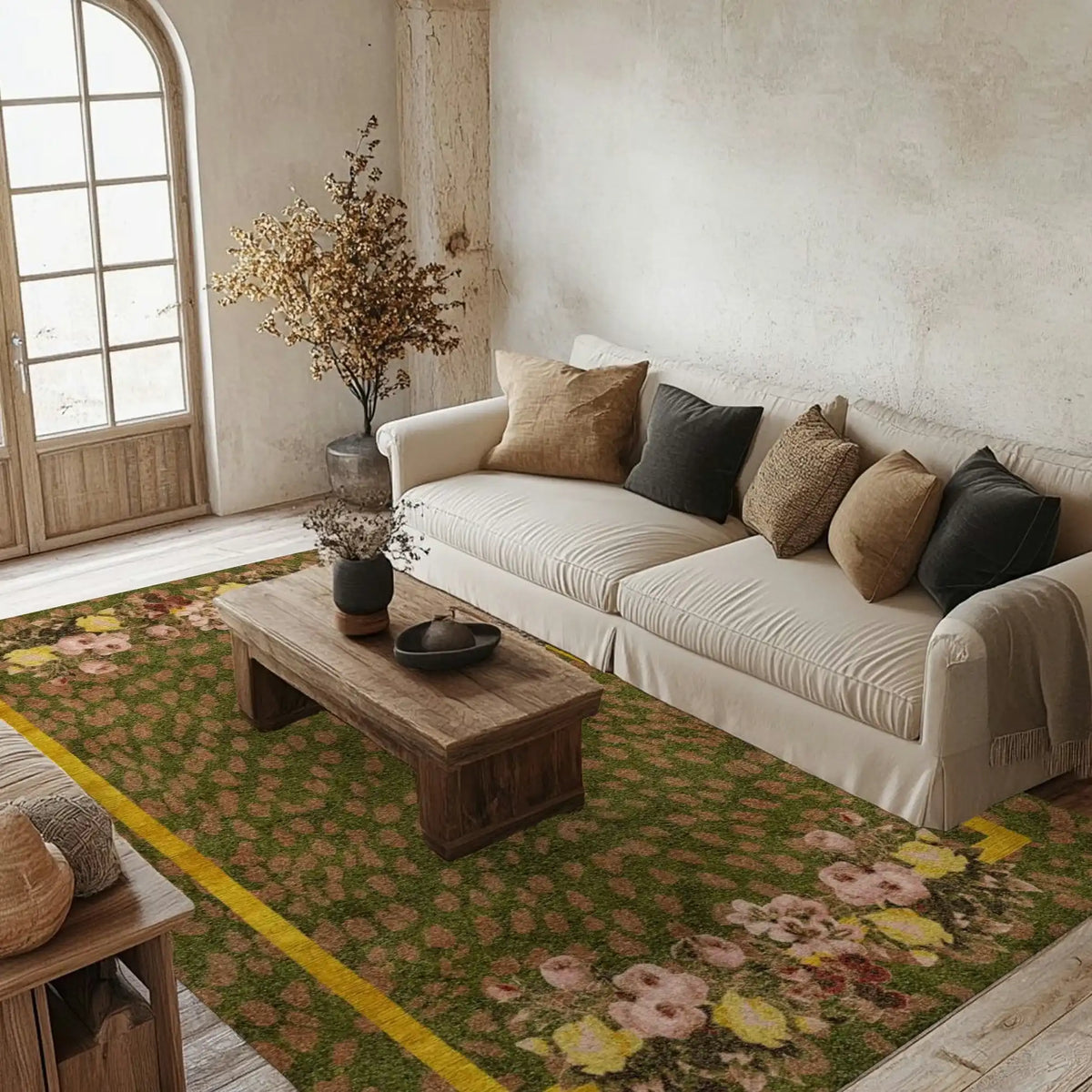 A beautifully styled living room showcasing the 'Garden of Courage Hand Tufted Rug'. This area rug features a vintage floral design with soft pink and yellow blossoms set against a lush green background. Perfect for adding charm to a dining room or bedroom, this wool rug effortlessly complements the neutral tones of the sofa and rustic wooden coffee table.