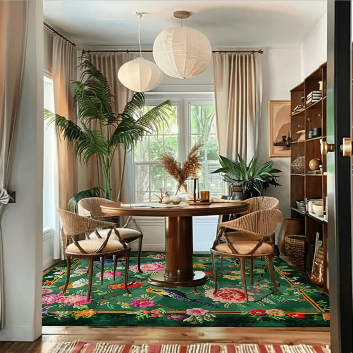 A vibrant living room featuring a 'Garden of Eden' hand-tufted wool rug with an intricate floral design. This large area rug, perfect for an office or living room, adds a splash of color beneath a round dining table and chairs. The lush greenery and natural light complement the rug's rich patterns, making it an ideal square area rug choice for any stylish space.