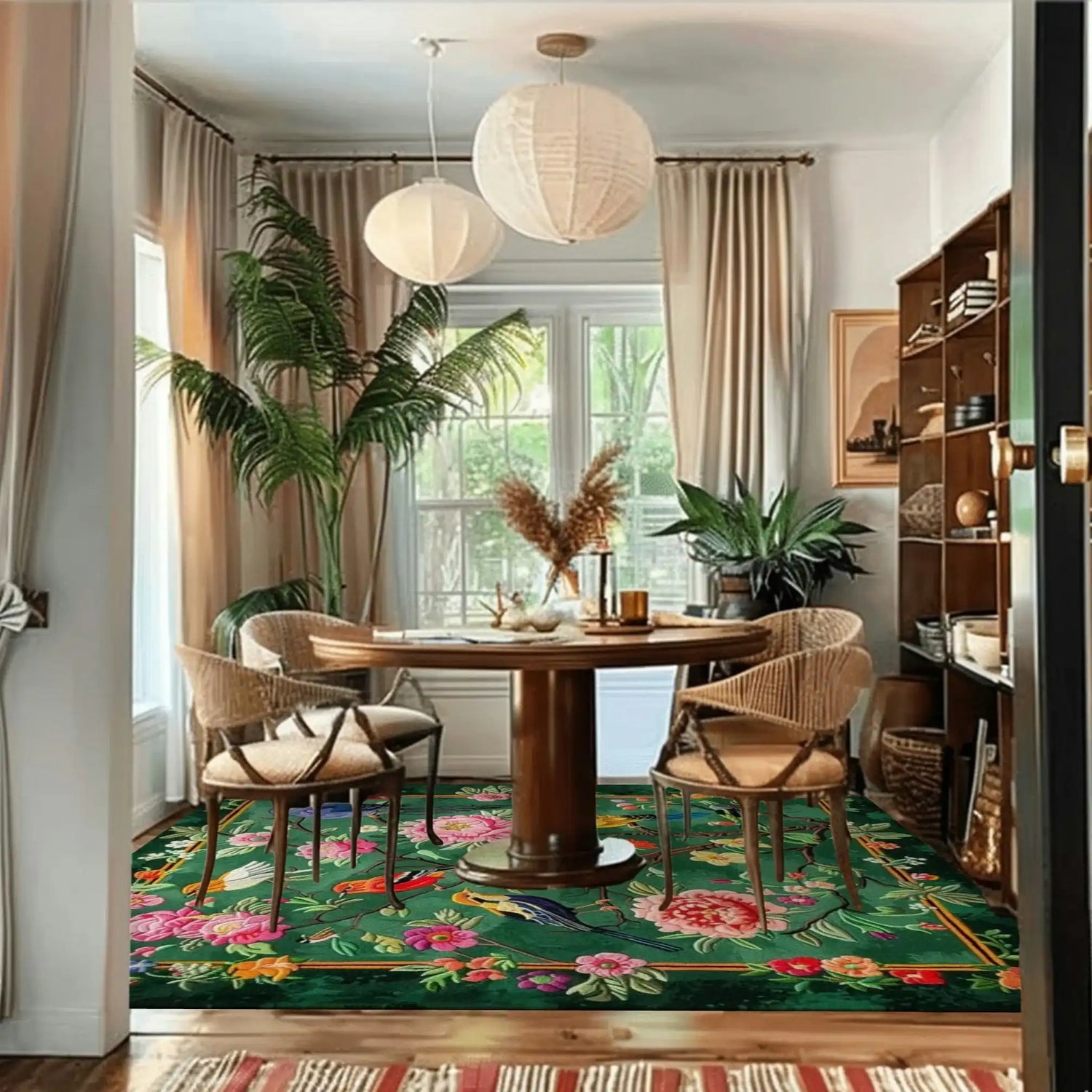A vibrant living room featuring a 'Garden of Eden' hand-tufted wool rug with an intricate floral design. This large area rug, perfect for an office or living room, adds a splash of color beneath a round dining table and chairs. The lush greenery and natural light complement the rug's rich patterns, making it an ideal square area rug choice for any stylish space.