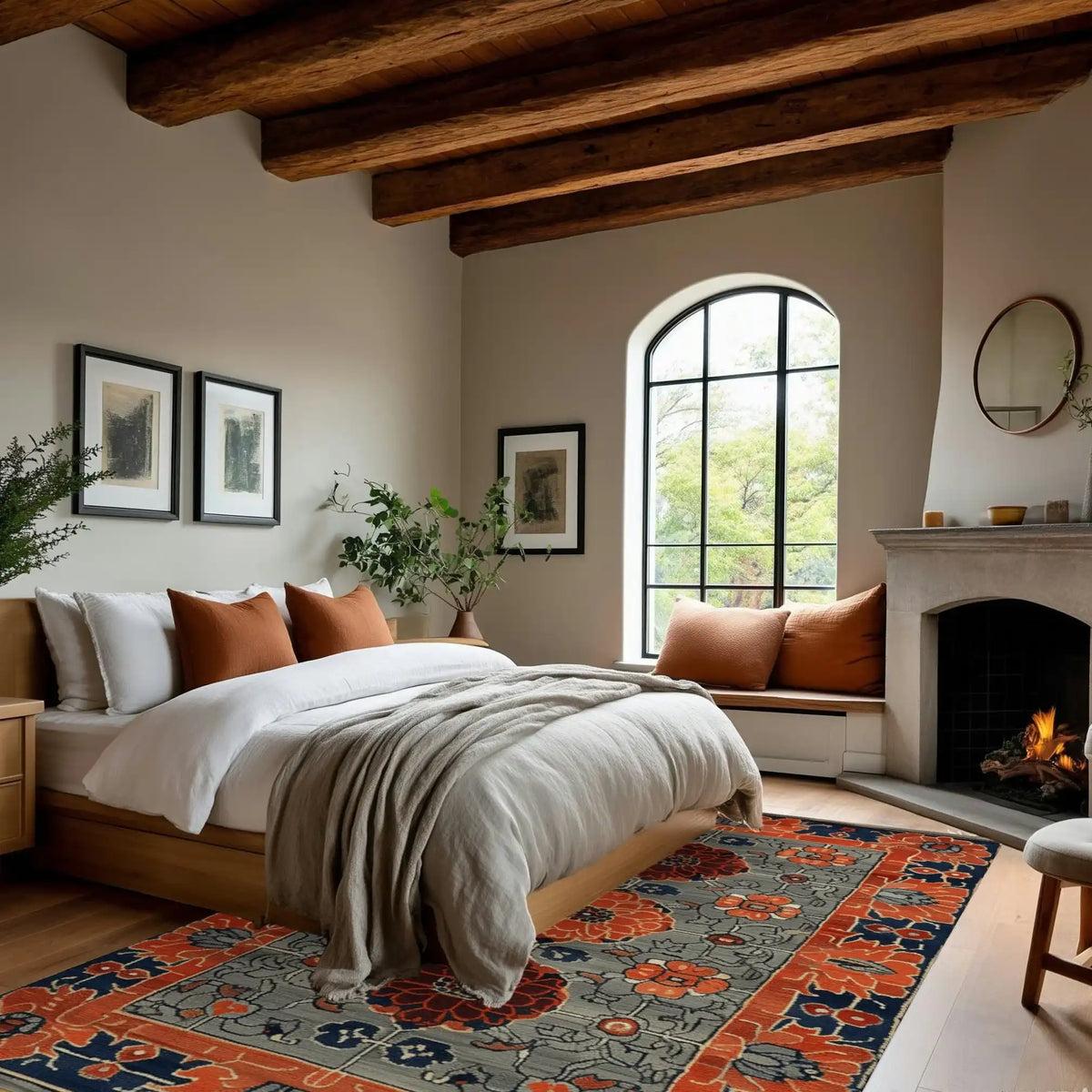 A beautifully styled bedroom showcasing a Garden of Tradition Hand Tufted Area Rug. This large area rug features a striking floral design, perfect for living rooms or offices. The wool rug adds warmth and elegance, complementing the cozy, inviting ambiance of the room.