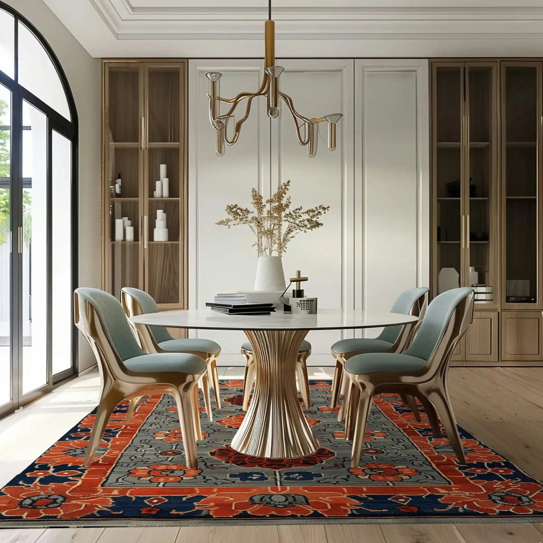 Elegant dining room featuring a Garden of Tradition Hand Tufted Rug, showcasing a vibrant floral design. This large area rug, perfect for living rooms or offices, adds a touch of sophistication with its wool texture and intricate patterns.