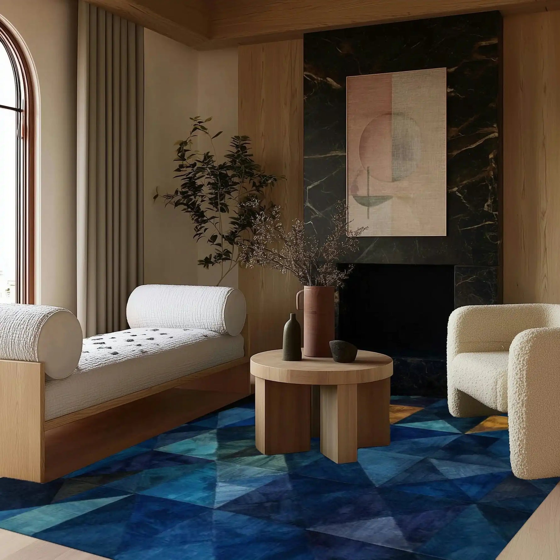 A contemporary living room featuring a stunning Geometric Getaway Hand Tufted Wool Rug with a blue abstract pattern. The area rug complements the wooden furniture and neutral tones, making it an ideal choice for living rooms, kitchens, or as a hallway runner rug.