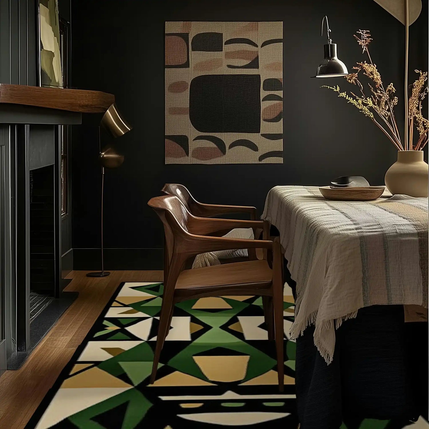 A stylish living room featuring a Geometric Grove Hand Tufted Rug, perfect for large living room spaces. The wool rug showcases an abstract geometric pattern with green, black, and tan tones, enhancing the room's modern aesthetic. Ideal as an area rug for living room, it complements the wooden furniture and dark walls beautifully.