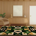 A stylish area rug with geometric patterns in green and beige, enhancing a modern living room's aesthetic. The wool rug adds warmth and elegance, making it perfect for large living room spaces.