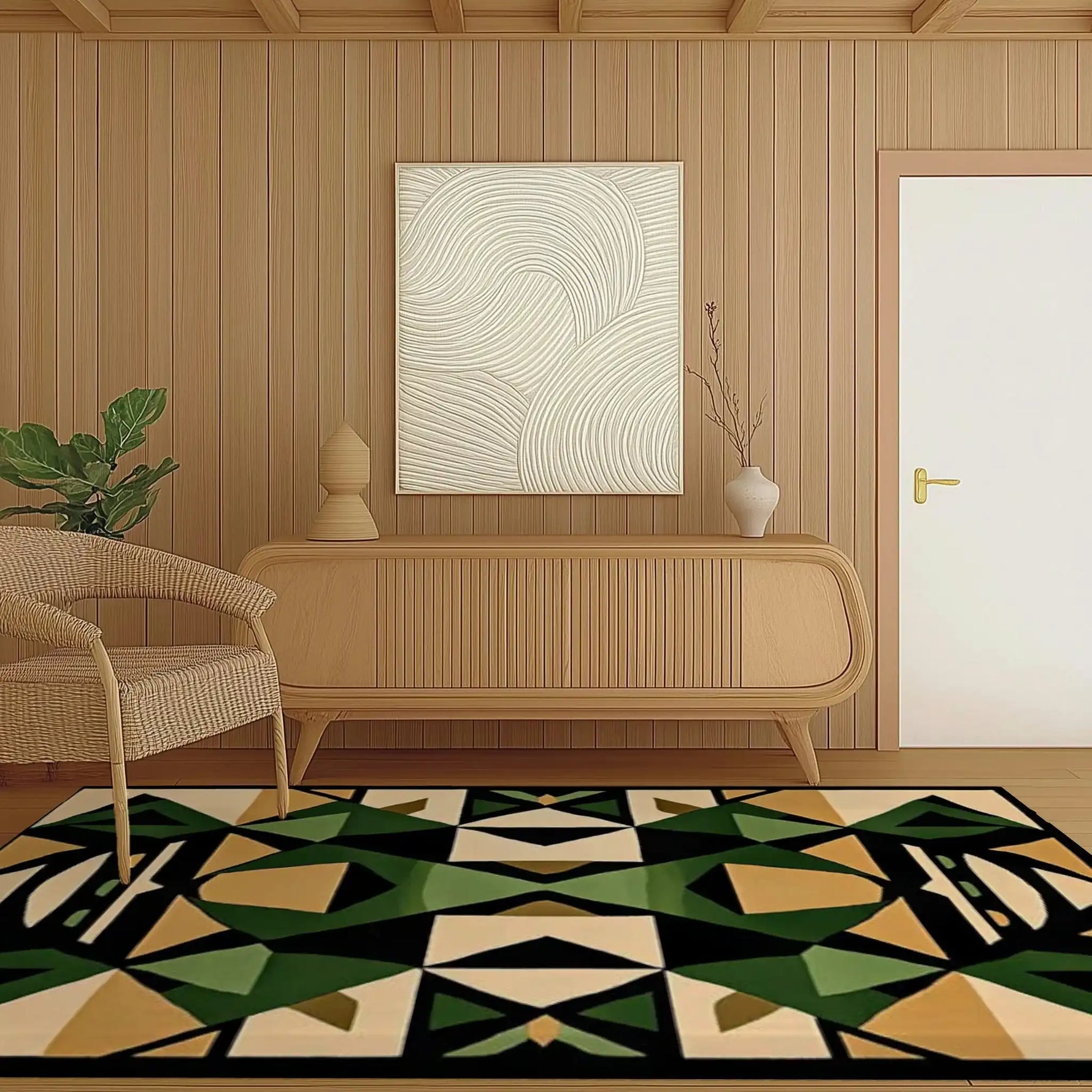 A stylish area rug with geometric patterns in green and beige, enhancing a modern living room's aesthetic. The wool rug adds warmth and elegance, making it perfect for large living room spaces.