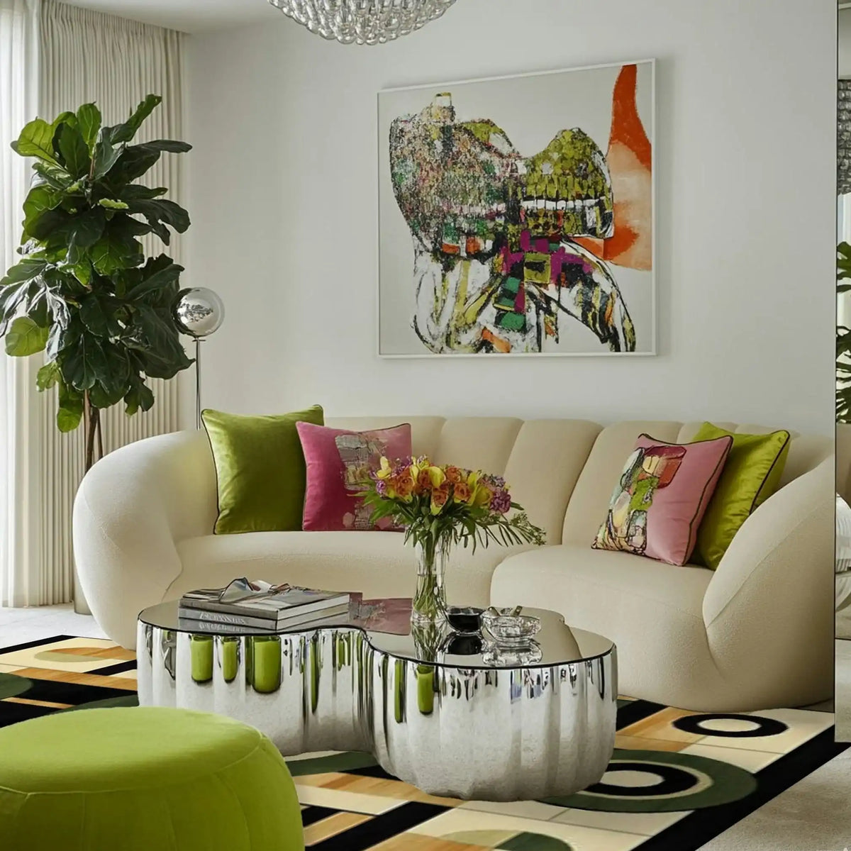 A stylish living room featuring a Geometric Haven Hand Tufted Wool Rug. This contemporary rug, perfect for a living room, showcases abstract patterns in a warm color palette. The large area rug complements the modern decor, including a sleek white sofa with vibrant cushions and a unique metallic coffee table, creating a cozy and inviting space.