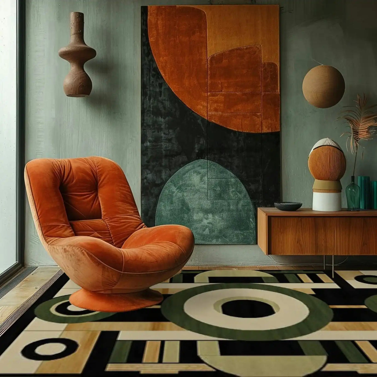 A contemporary living room featuring a Geometric Haven Hand Tufted Wool Rug. This large area rug displays a striking geometric pattern in earth tones, perfectly complementing the modern decor. The rug adds warmth and style to the living room, making it an ideal choice for those seeking unique area rugs for living room settings.