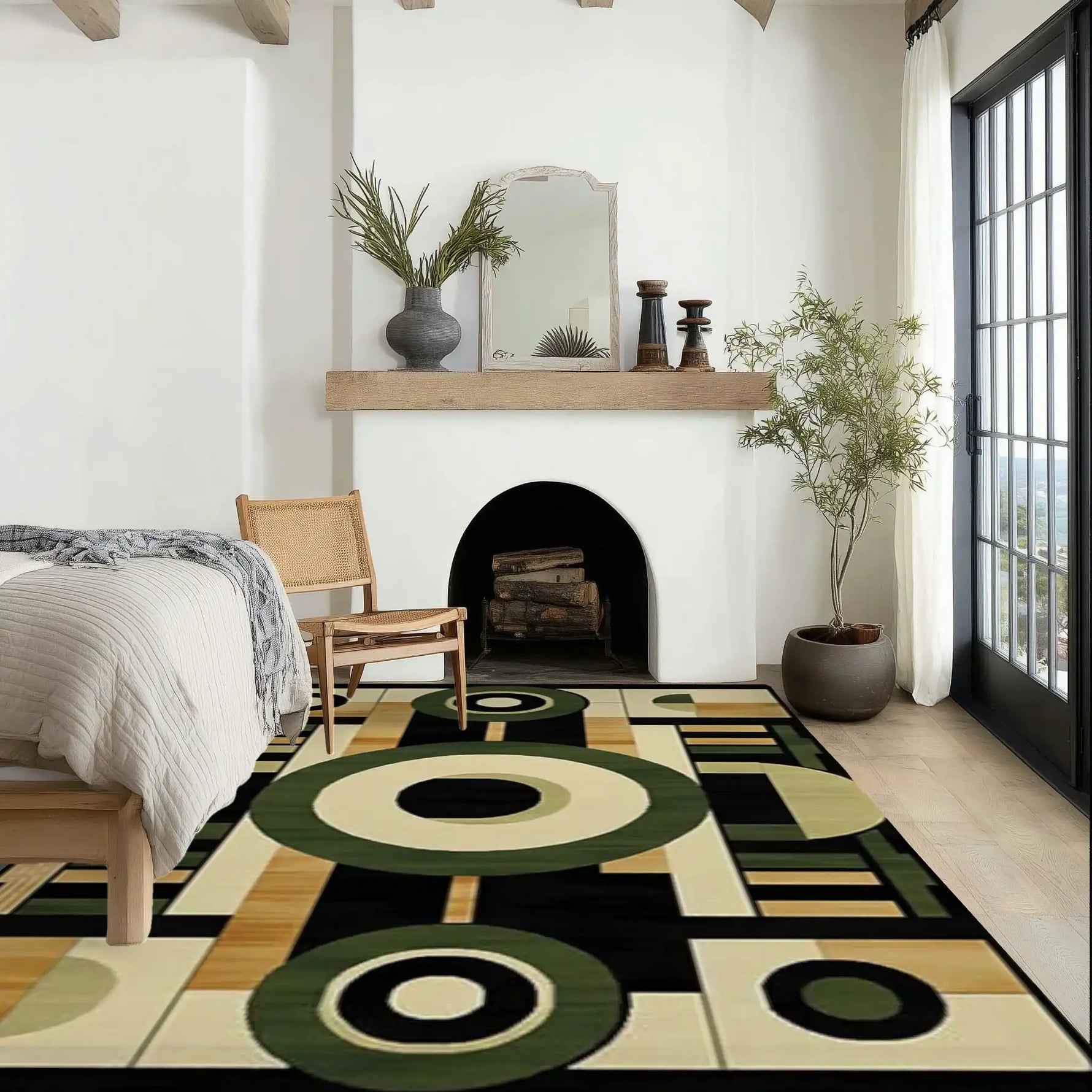 A contemporary wool rug with geometric patterns in green, beige, and black complements a cozy dining room setting. This large area rug adds a modern touch to the space, featuring a stylish arrangement of furniture and a fireplace.