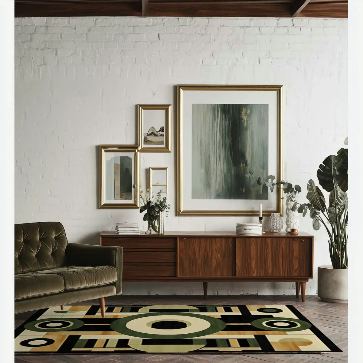 Contemporary dining room featuring a Geometric Whispers Hand Tufted Rug, a large area rug with an abstract design in earthy tones. The wool rug complements the mid-century modern furniture and framed artwork, adding a stylish touch to this dining room setting.