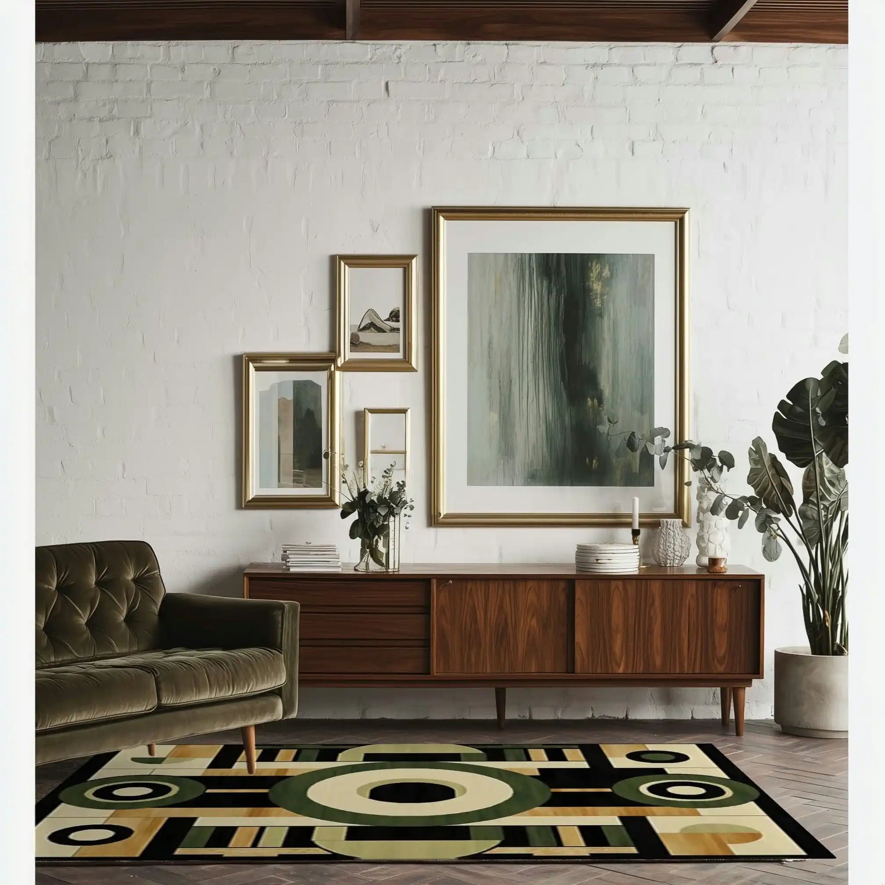 Contemporary dining room featuring a Geometric Whispers Hand Tufted Rug, a large area rug with an abstract design in earthy tones. The wool rug complements the mid-century modern furniture and framed artwork, adding a stylish touch to this dining room setting.