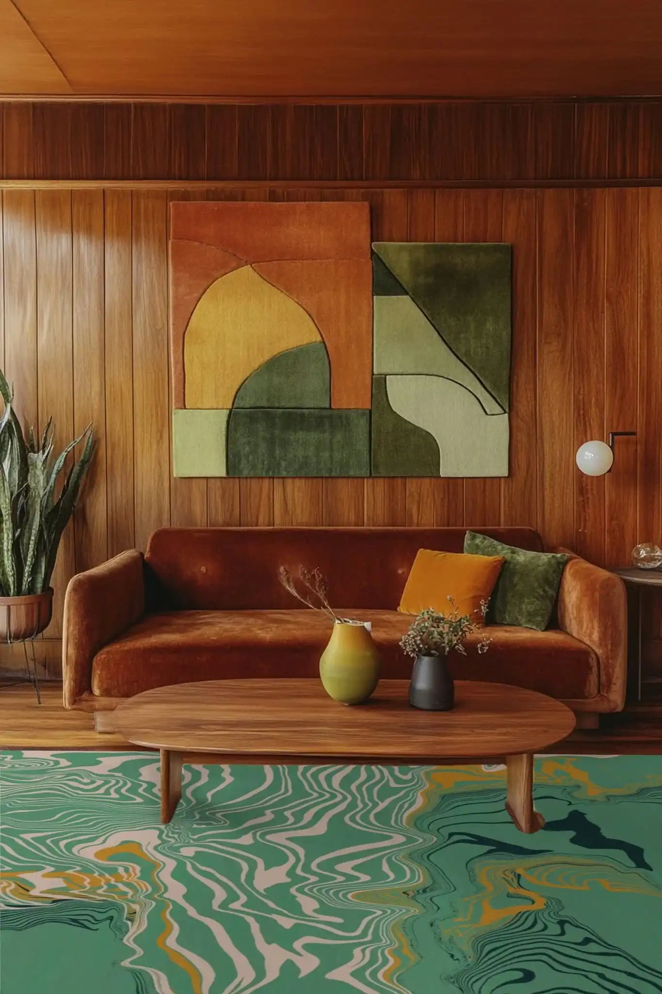 A stylish living room featuring a Gilded Green Marble Flow Hand Tufted Wool Rug. The abstract area rug showcases swirling green and gold patterns, perfect as a dining table rug or in formal dining room settings. It complements the wooden furniture and warm tones of the space, creating an inviting atmosphere ideal for a dining room.