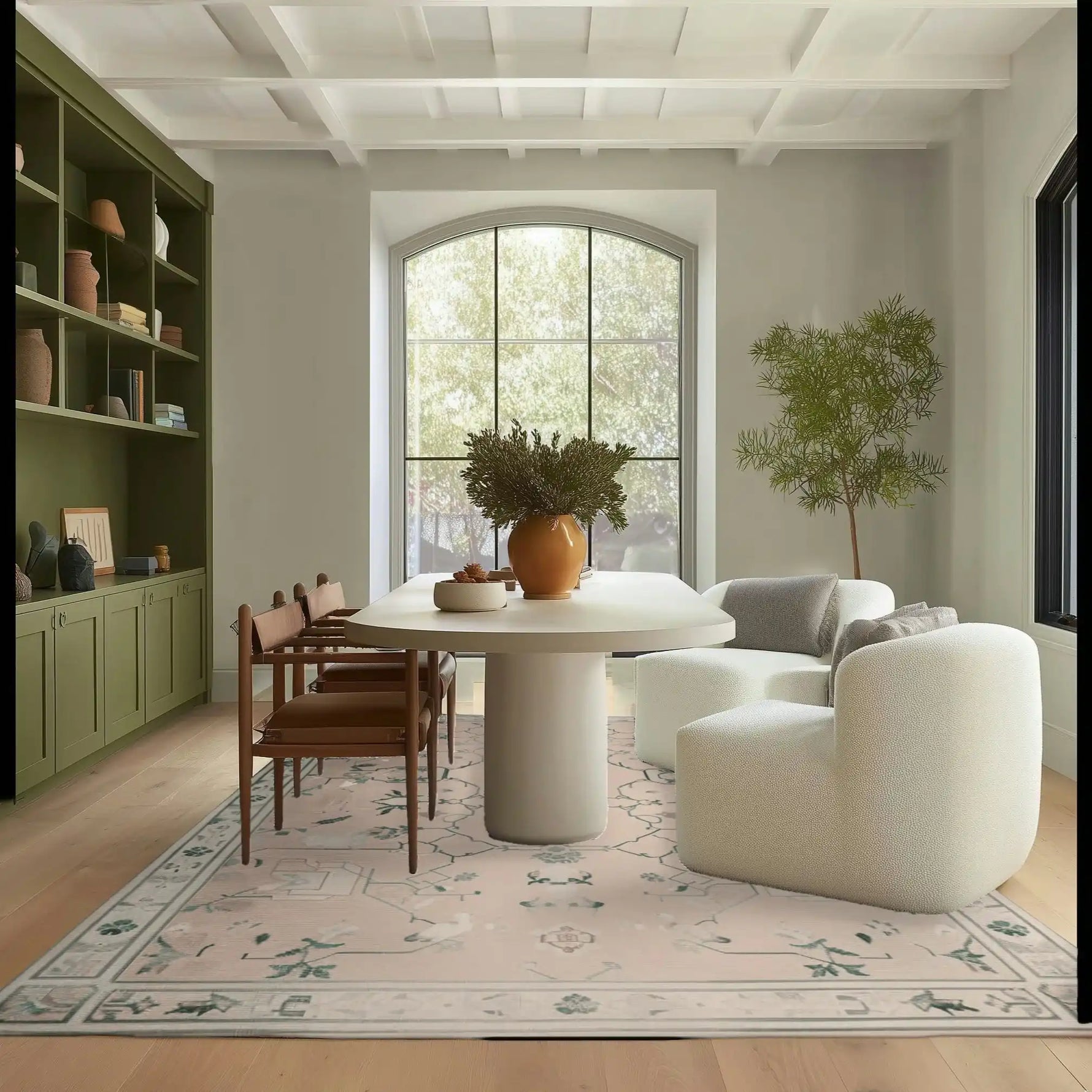 Elegant living room featuring a Gilded Serenity Hand Tufted Area Rug, showcasing its vintage style with intricate wool patterns. The rug perfectly complements the modern furniture and neutral tones, making it an ideal wool rug for living rooms.