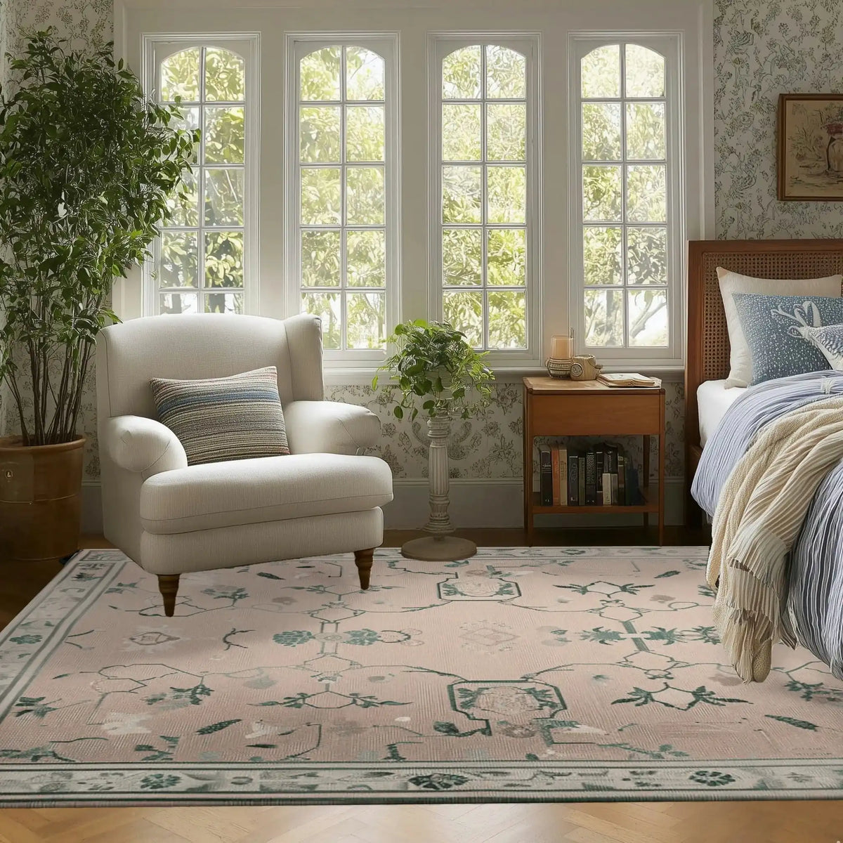 A beautifully styled living room featuring the Gilded Serenity Hand Tufted Area Rug. This wool rug, with its vintage design, complements the neutral tones of the room. The rug's intricate patterns add elegance, making it perfect for any living room setting.
