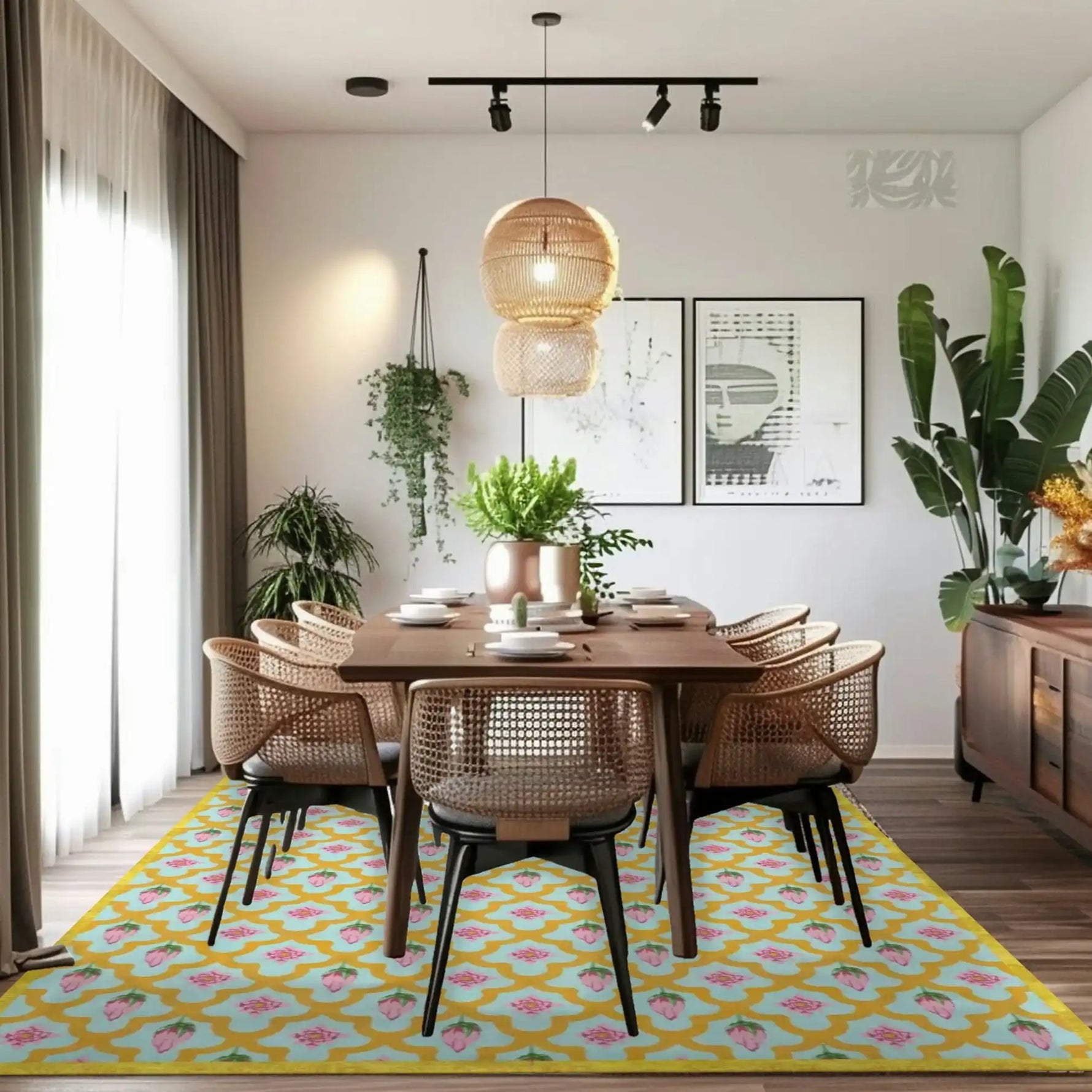 A stylish living room featuring a Gold Border Scallop and Lotus hand tufted wool area rug, perfect for adding elegance to your space. This 8x10 living room rug showcases vibrant patterns under a wooden dining table set, enhancing the room's modern aesthetic with lush plants and chic decor.