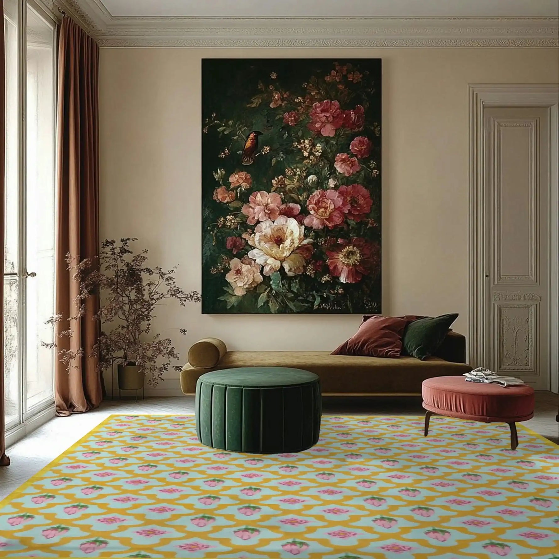 Elegant living room featuring a vibrant Gold Border Scallop and Lotus Hand Tufted Area Rug. The wool rug, perfect for living room area rugs, showcases a colorful pattern that adds warmth and charm to the space. The image highlights the rug's integration with the room's decor, including a large floral painting and stylish furniture. Ideal for those seeking living room rugs in an 8x10 size.