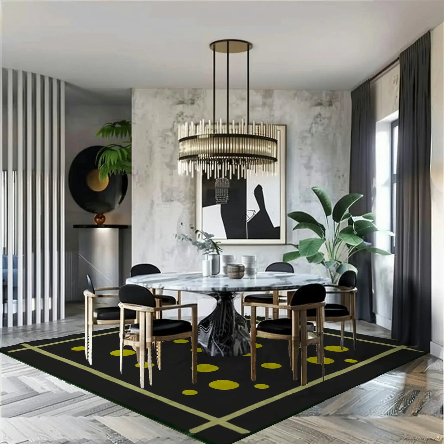 Sophisticated dining room featuring a contemporary square area rug with a gold planetary night sky design. The hand-tufted wool rug adds elegance under a round dining table surrounded by stylish chairs, enhancing the formal dining room ambiance. Ideal for dining table or office spaces.