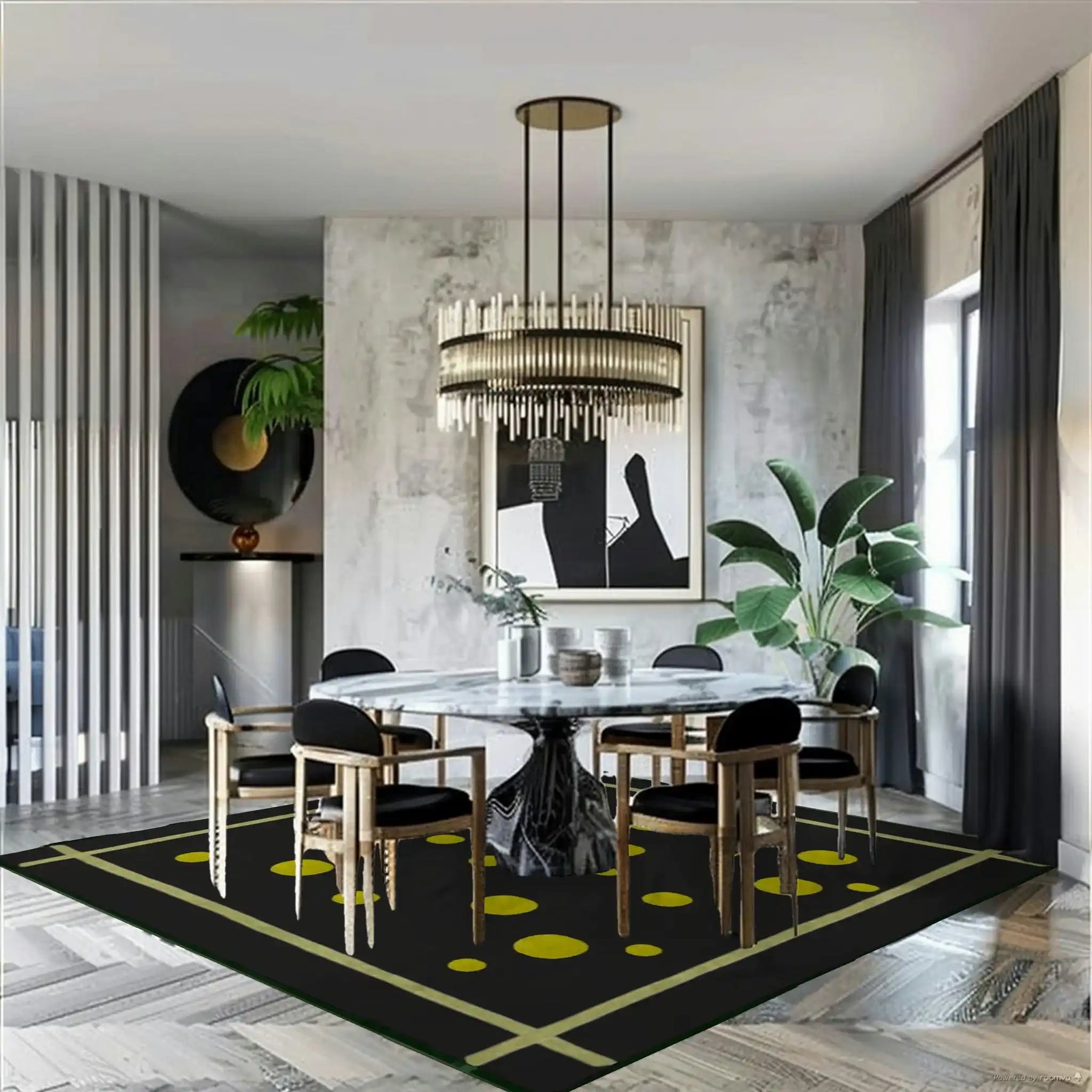 Sophisticated dining room featuring a contemporary square area rug with a gold planetary night sky design. The hand-tufted wool rug adds elegance under a round dining table surrounded by stylish chairs, enhancing the formal dining room ambiance. Ideal for dining table or office spaces.