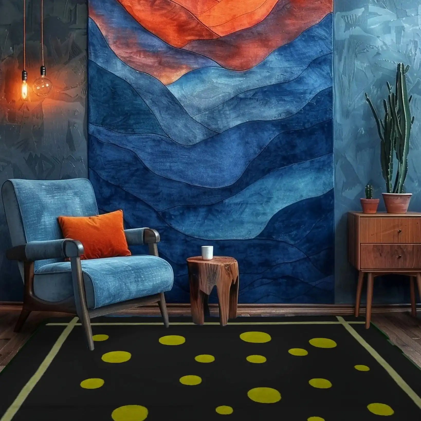 Elegant living space featuring a Gold Planetary Night Sky Square Hand Tufted Wool Rug with a contemporary design. The square area rug is perfect for a dining room or office, complementing the room's modern decor with its bold yellow dots on a dark background. A stylish blue armchair and a wooden side table add to the cozy ambiance, making it ideal for a formal dining room or as a dining table rug.