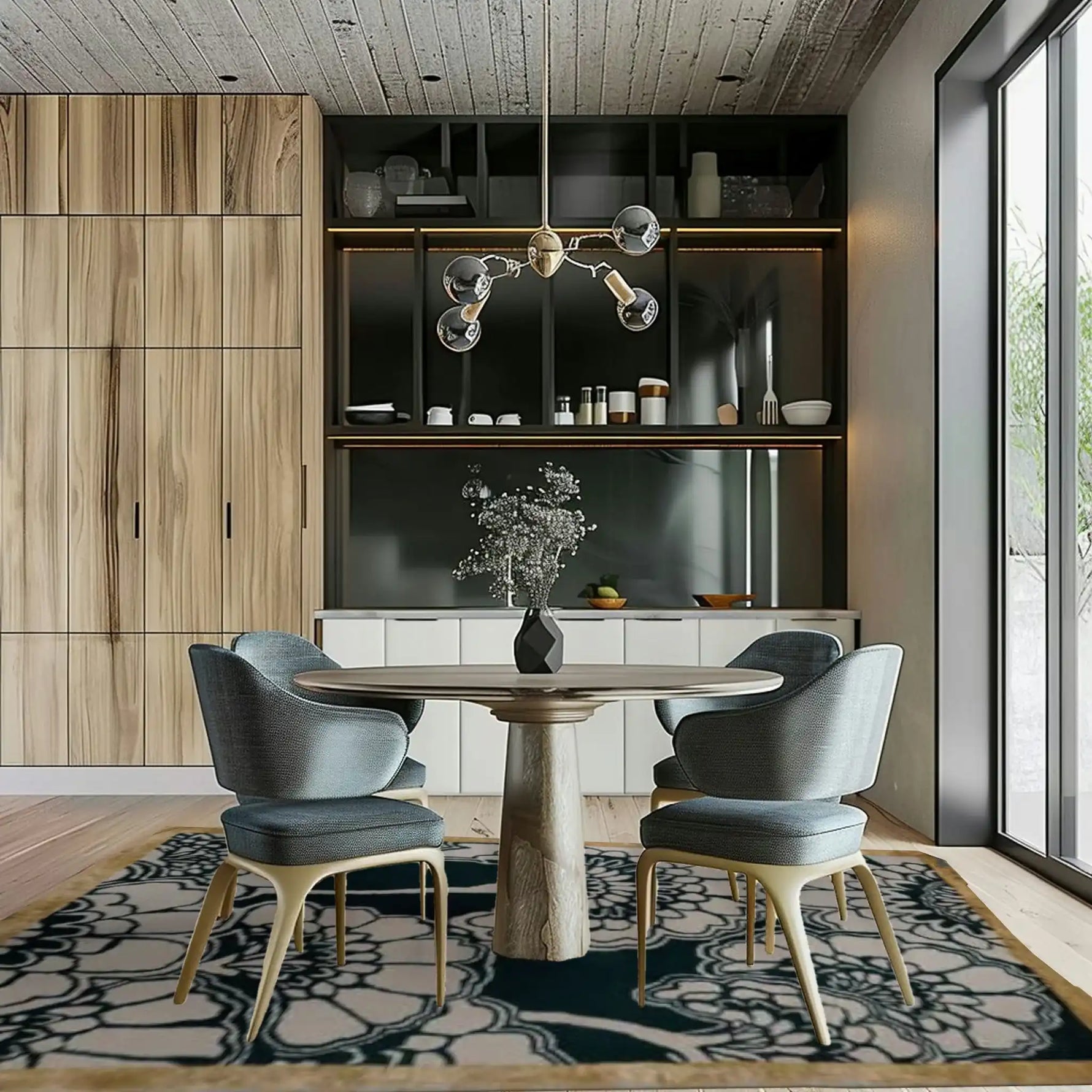 A stylish office setting featuring a Golden Gingko Leaf Hand Tufted Wool Area Rug. The rug's intricate design adds an elegant touch to the space, complementing the modern round table and sleek chairs. Perfect for bedrooms or offices, this wool rug enhances the room's aesthetic with its luxurious texture.