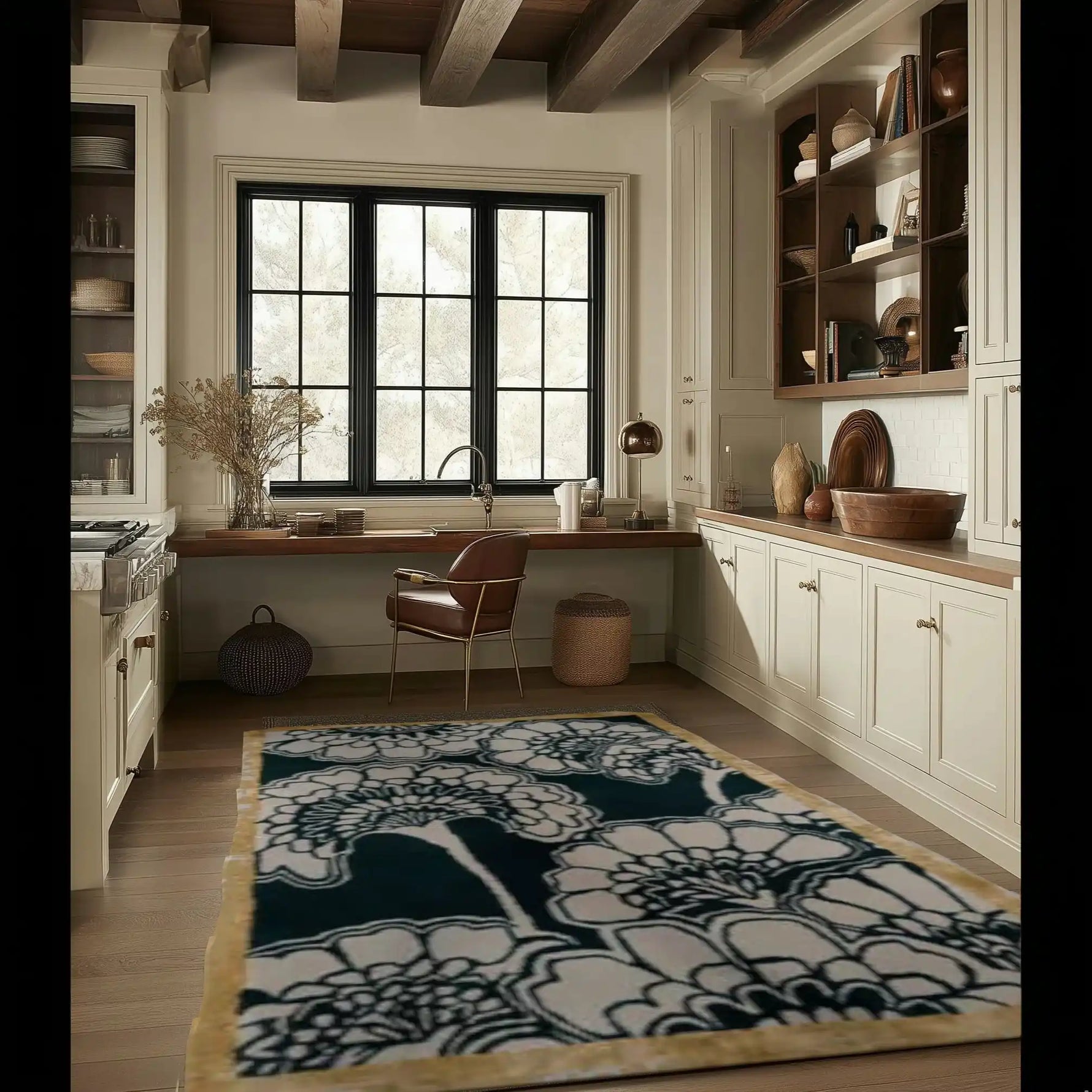 A stylish area rug with a golden gingko leaf pattern adds warmth and elegance to a cozy office space. The hand-tufted wool rug features intricate designs, making it a perfect addition to a bedroom or office, enhancing the room's decor with its rich textures.