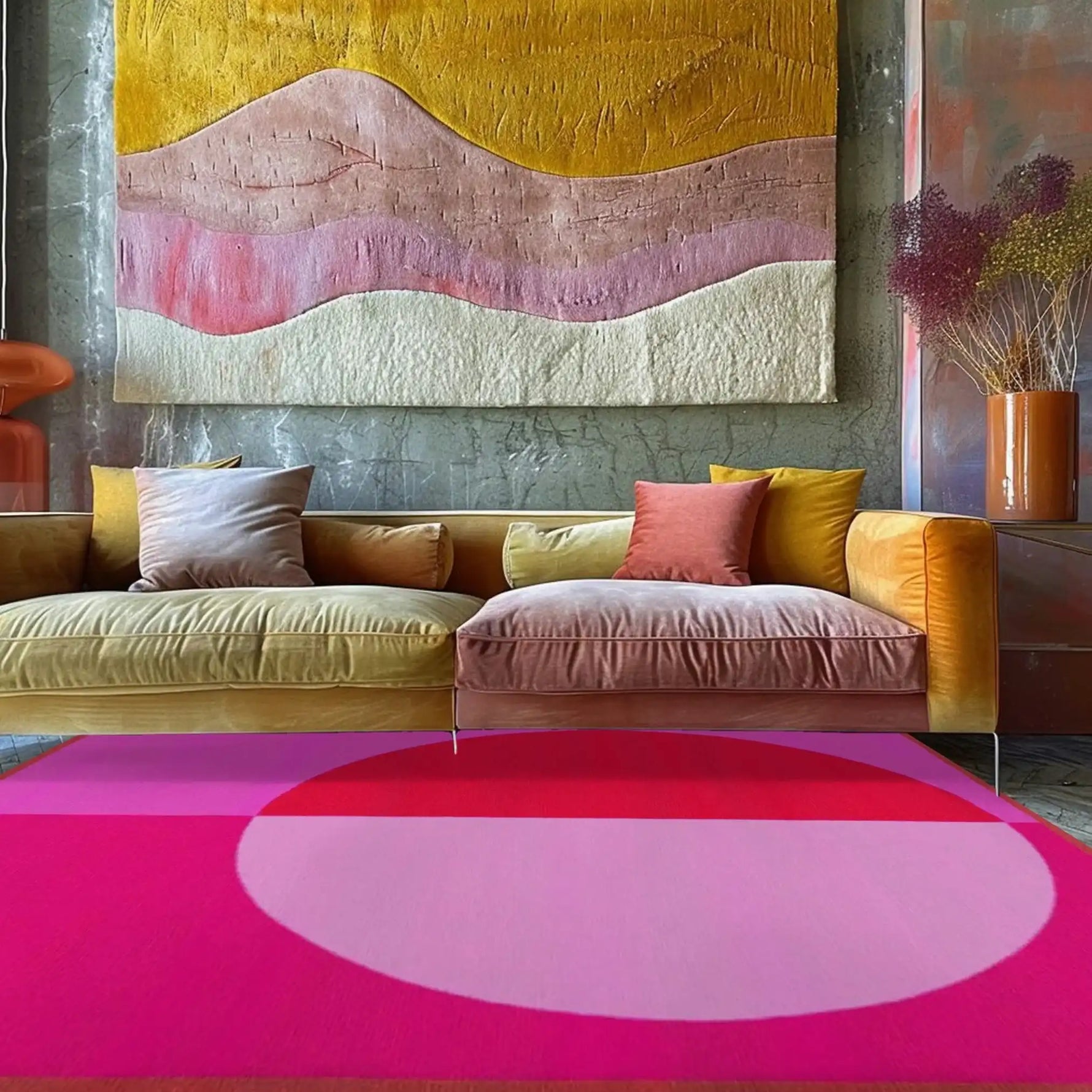 Stylish living room featuring a Golden Trim Minimalist Geometric Hand Tufted Area Rug in pink. The wool rug adds a touch of elegance, blending perfectly with the vintage decor. Ideal for living room spaces, especially in 8x10 sizes, this rug showcases a modern design with bold geometric patterns, enhancing the cozy ambiance.