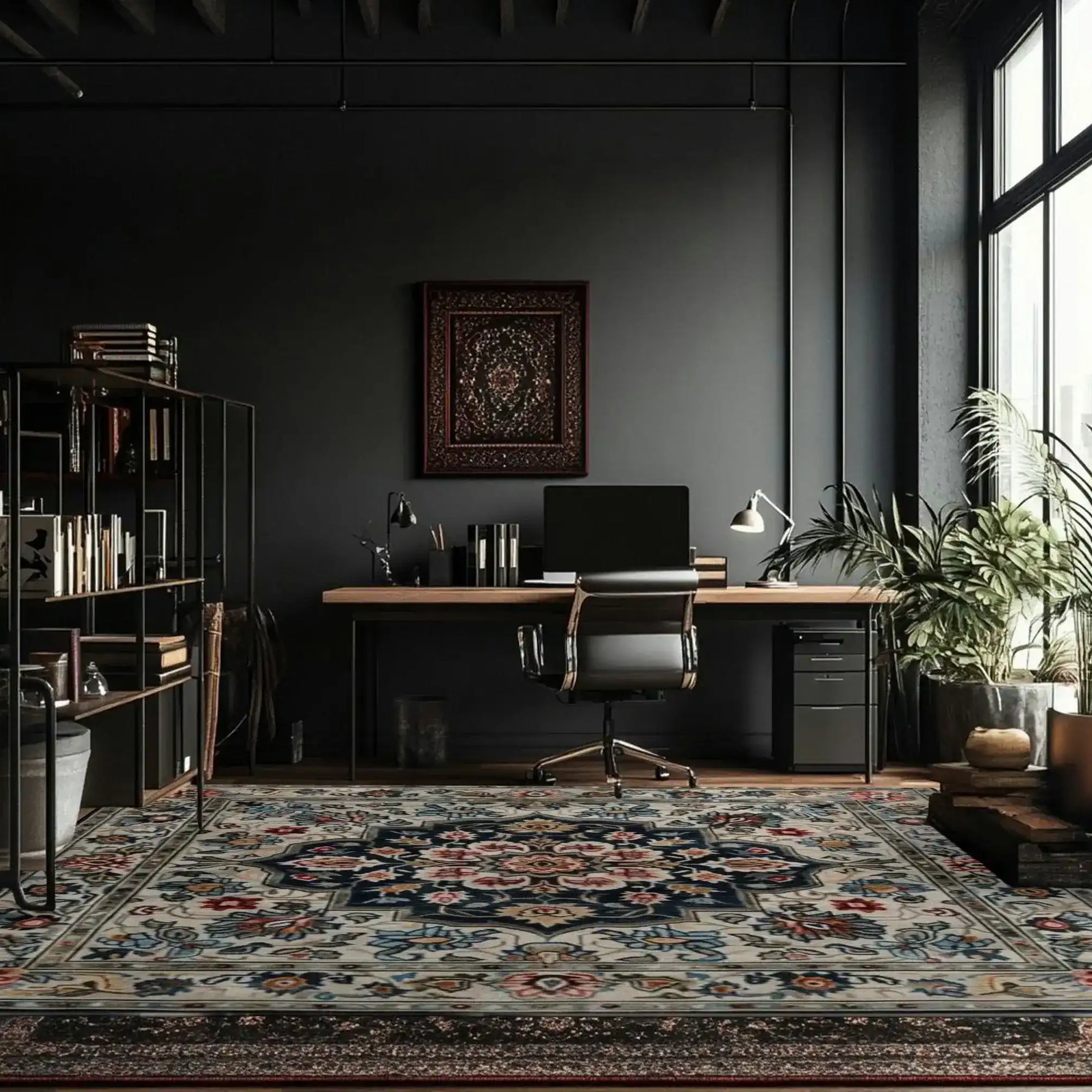A beautifully hand-knotted Graceful Blossom Tapestry area rug adorns the modern office space, enhancing its elegance. This square area rug showcases intricate floral patterns reminiscent of traditional Persian rugs, made from high-quality wool. Perfect for both bedroom and office settings, this rug adds a touch of sophistication and warmth to any room.