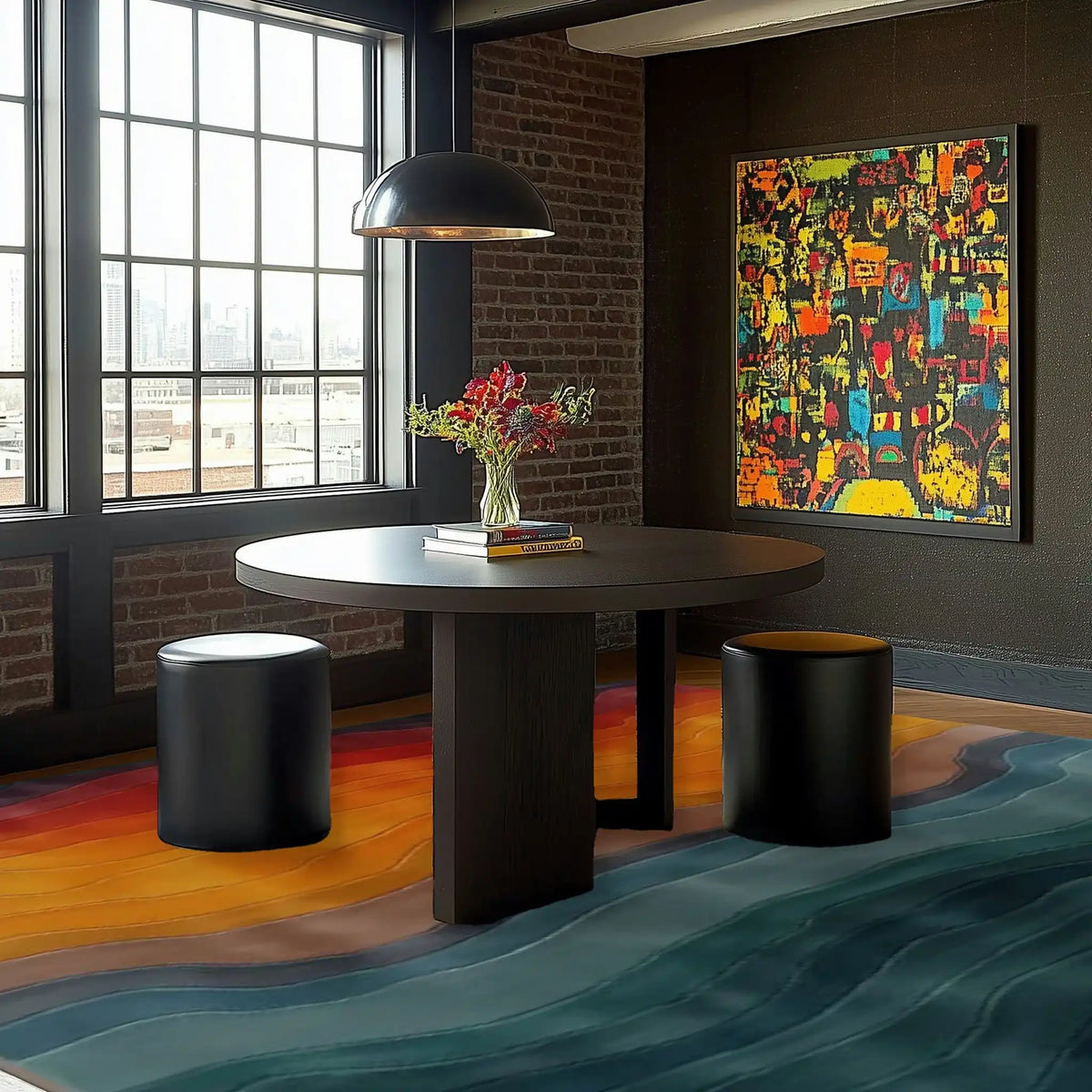 Contemporary Gradient Glide Hand Tufted Rug in a stylish living room setting. This large area rug features a vibrant gradient design, blending warm tones with cool blues, perfect for adding a modern touch to any living space. Ideal as a square area rug for living rooms, it complements the dark wood table and modern decor, showcasing its versatility as a wool rug.