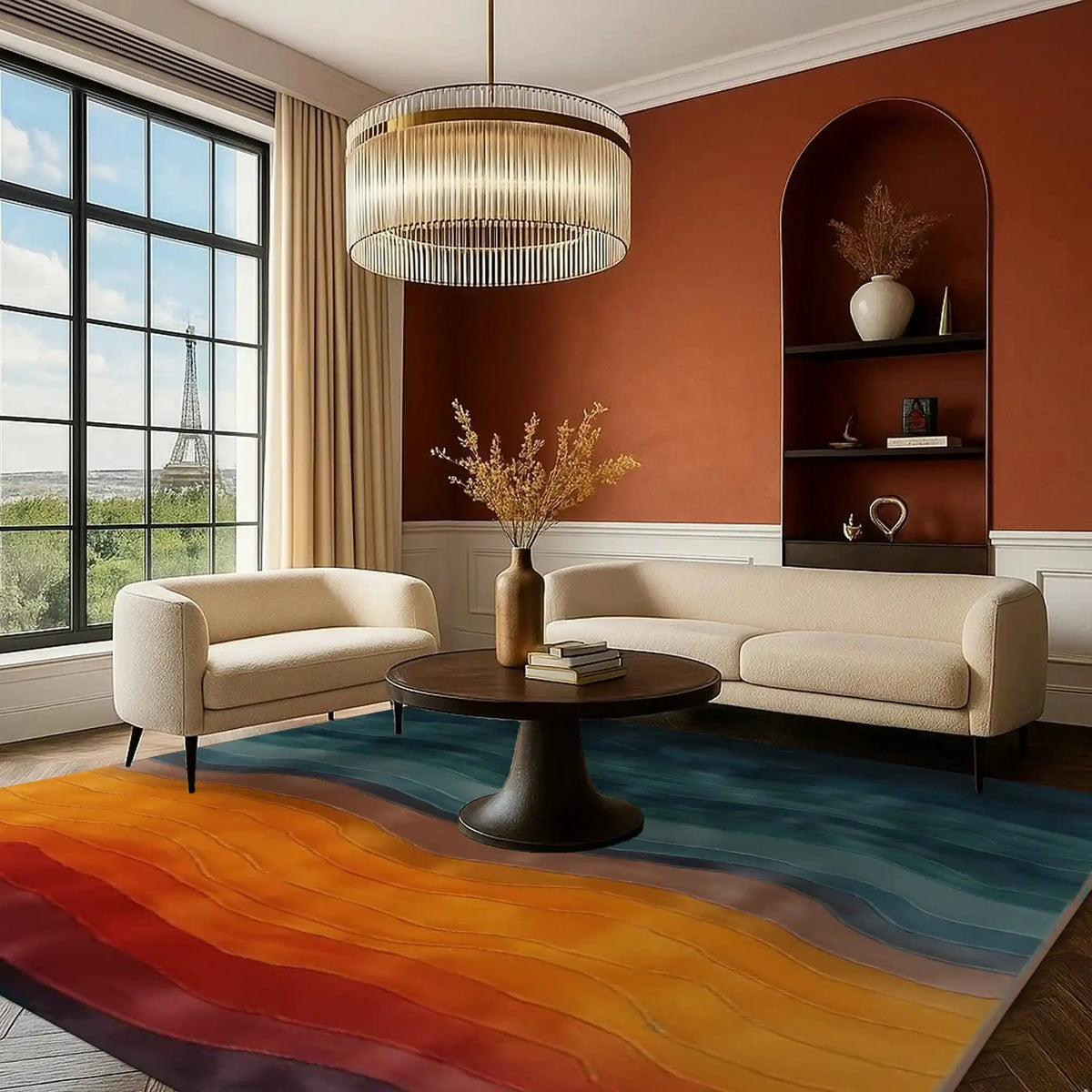 A contemporary living room featuring a Gradient Glide Hand Tufted Rug. This square area rug showcases an abstract design with vibrant orange and blue hues, complementing the modern decor. Perfect for large spaces, this wool rug enhances the aesthetic of any living room, making it ideal for those seeking stylish living room rugs 8x10.