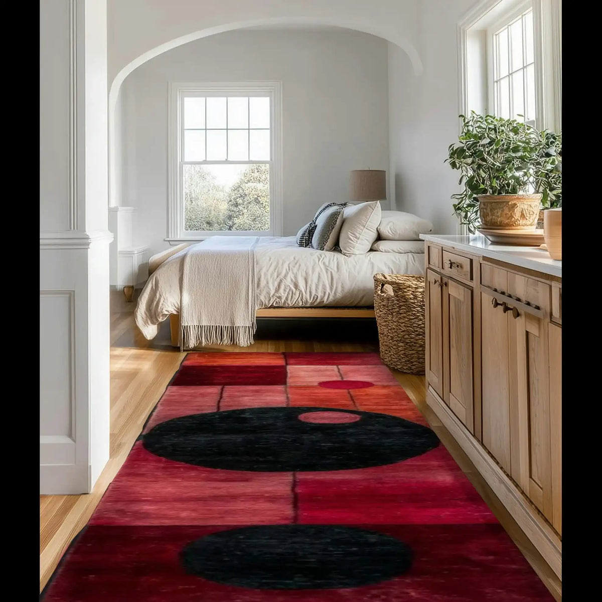 Stylish hallway runner rug in a contemporary bedroom setting, featuring a vibrant graphic grid design. This hand tufted wool rug adds a pop of color to the wooden floor, enhancing the modern aesthetic while offering comfort underfoot. Perfect for office spaces, kitchens, or as a large area rug in any room.
