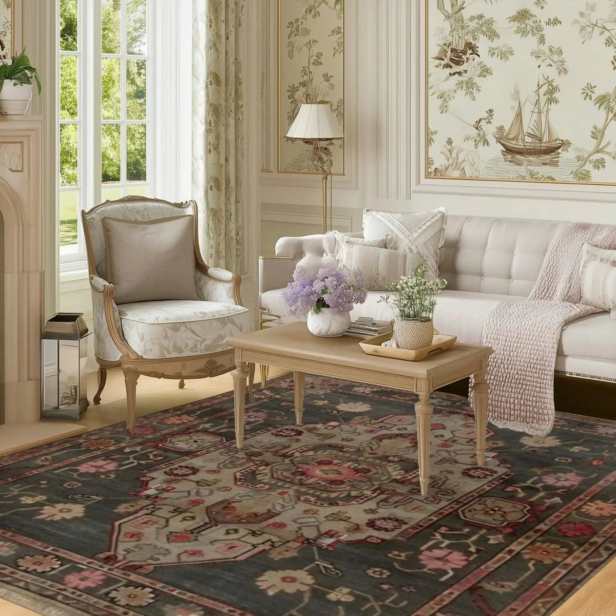 Living room with floral-patterned wallpaper, armchair, sofa, hand knotted pink and gray rug, and a coffee table.