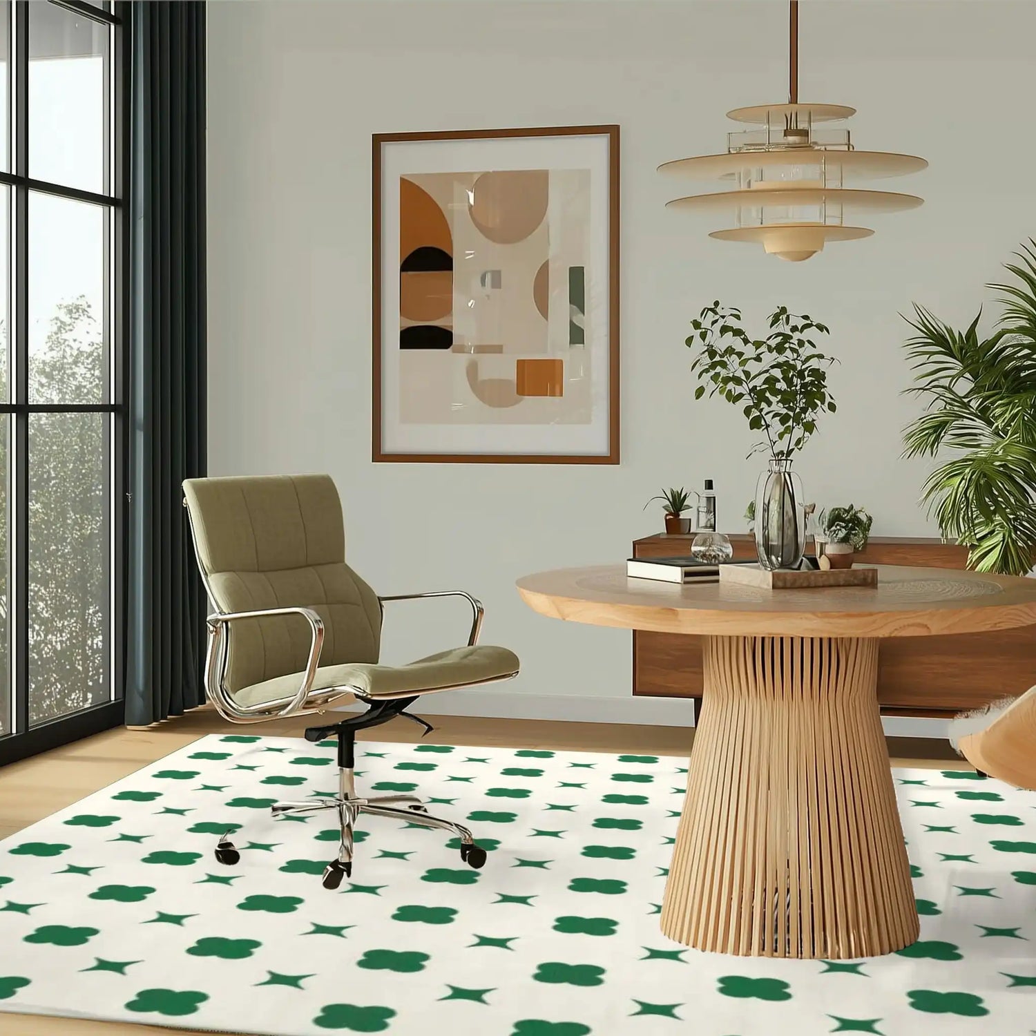 This stylish living room features a Green Clovers Hand Tufted Area Rug, adding a touch of elegance with its white background and green clover pattern. Perfect for those looking for rugs for living room spaces, this wool rug complements the modern decor, including a sleek chair and a wooden table.
