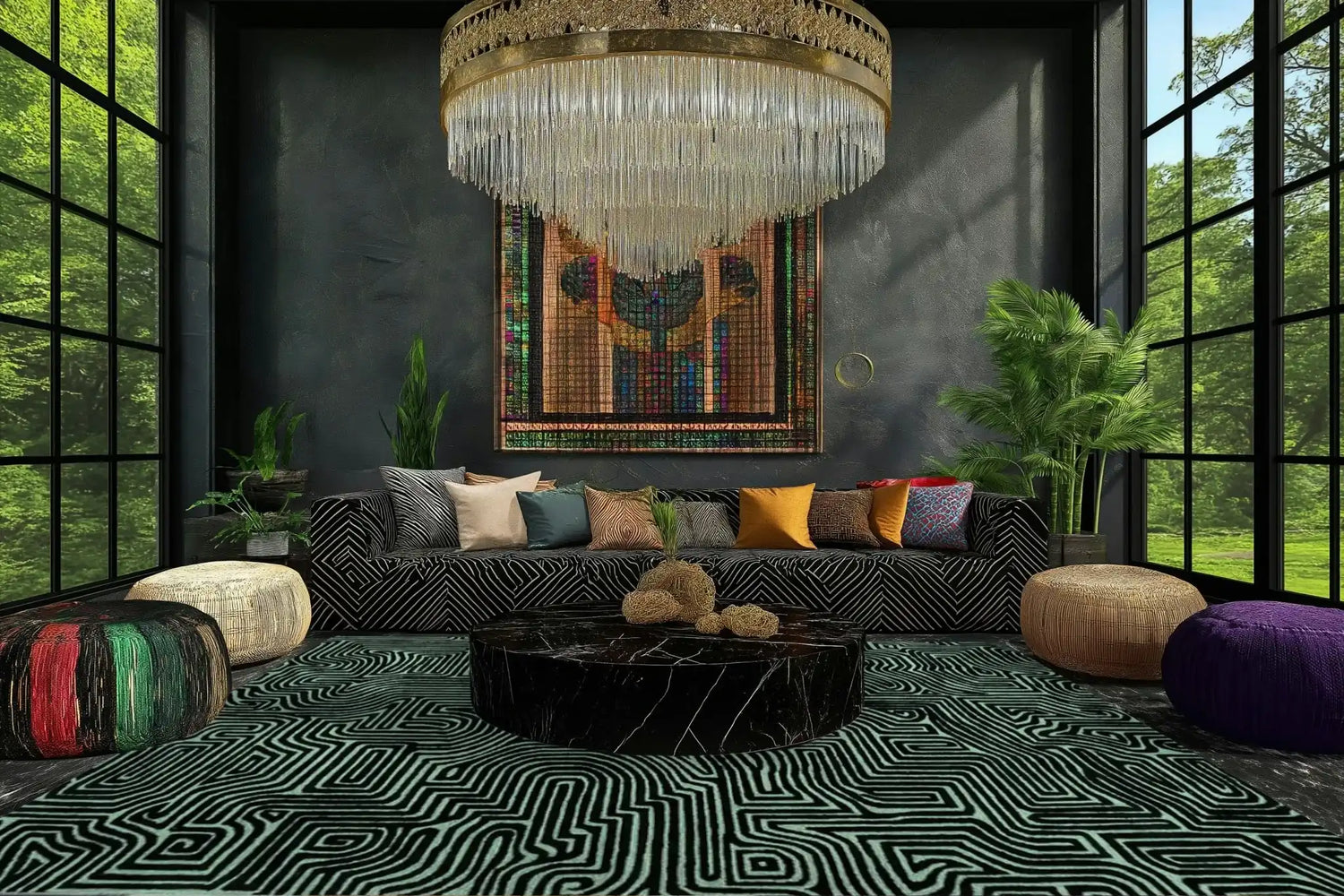 Luxurious living room featuring a Green Maze Hand Tufted Wool Rug, showcasing intricate patterns. This contemporary rug is a perfect large area rug for living rooms, adding elegance with its rich design. The space includes a modern black sofa, vibrant cushions, and a grand chandelier, creating a sophisticated ambiance.