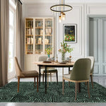 Elegant dining room featuring a Green Maze Hand Tufted Wool Rug, perfect for large area rugs and contemporary spaces. The abstract design of this wool rug adds a modern touch to the living room, showcasing a harmonious blend of style and comfort.