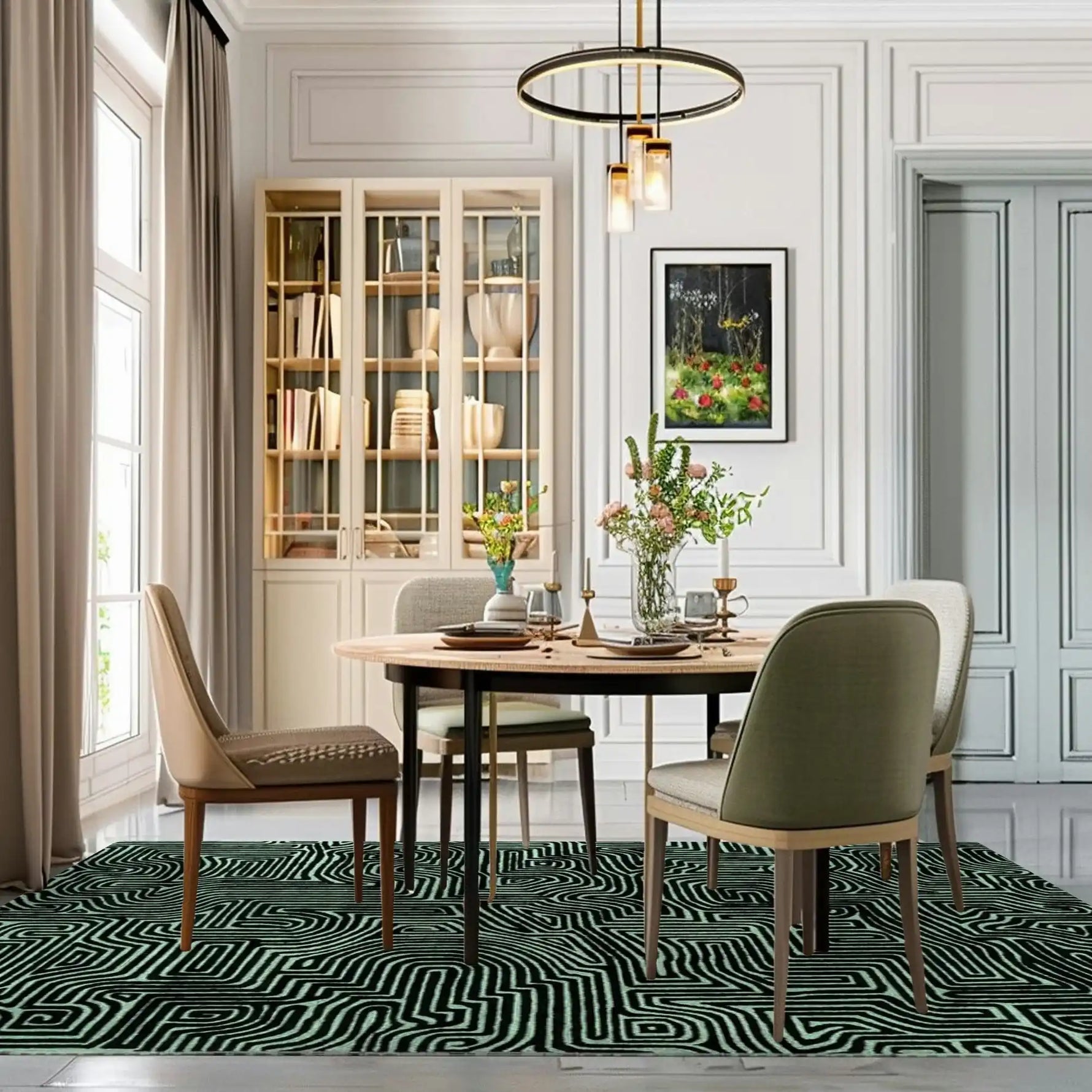 Elegant dining room featuring a Green Maze Hand Tufted Wool Rug, perfect for large area rugs and contemporary spaces. The abstract design of this wool rug adds a modern touch to the living room, showcasing a harmonious blend of style and comfort.