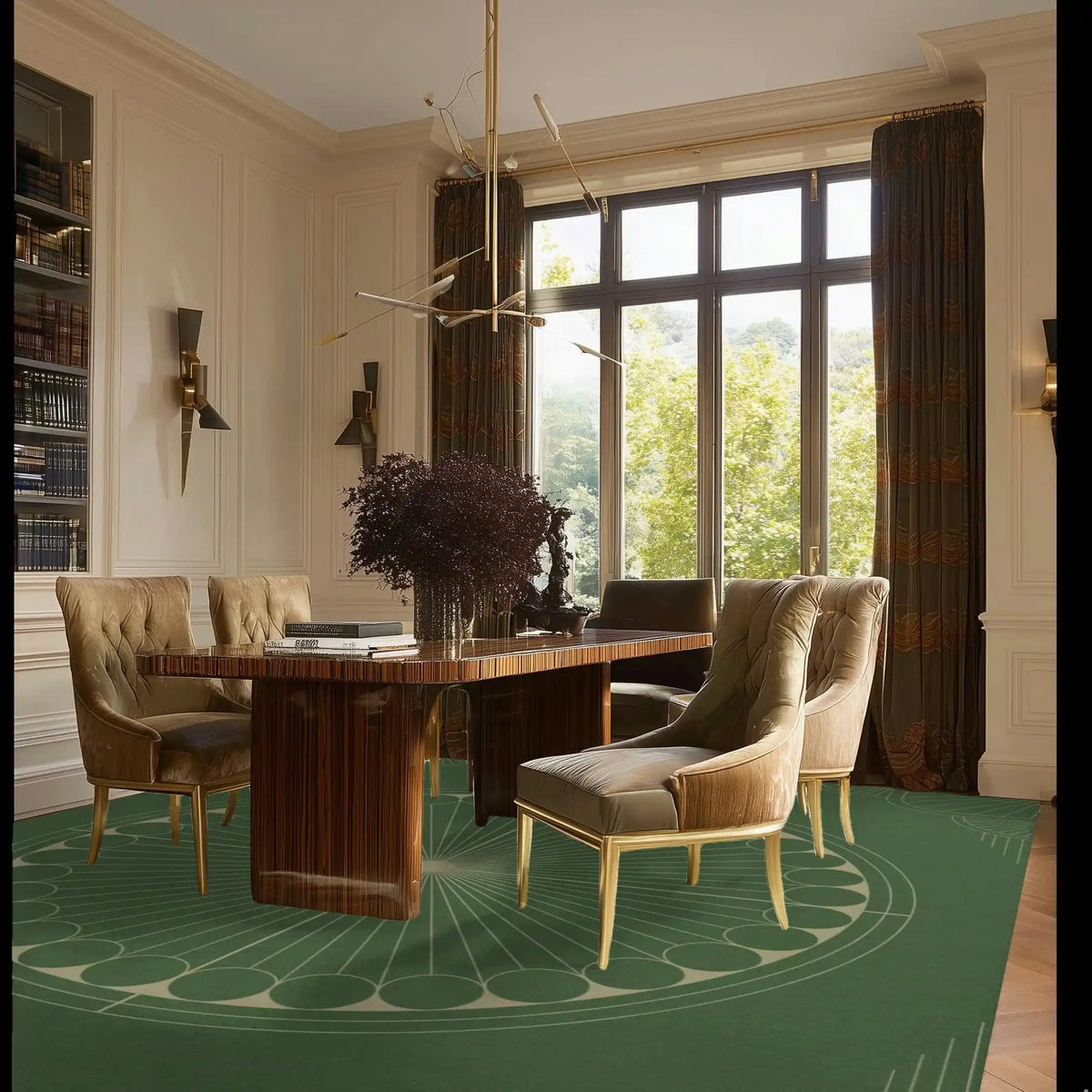 Elegant living room featuring a Green Moon Art Deco hand-tufted wool area rug, perfectly complementing a modern wooden dining table and plush chairs. This wool rug adds a sophisticated touch to area rugs for living room decor, enhancing the room's warm ambiance with its rich green tones and intricate design.
